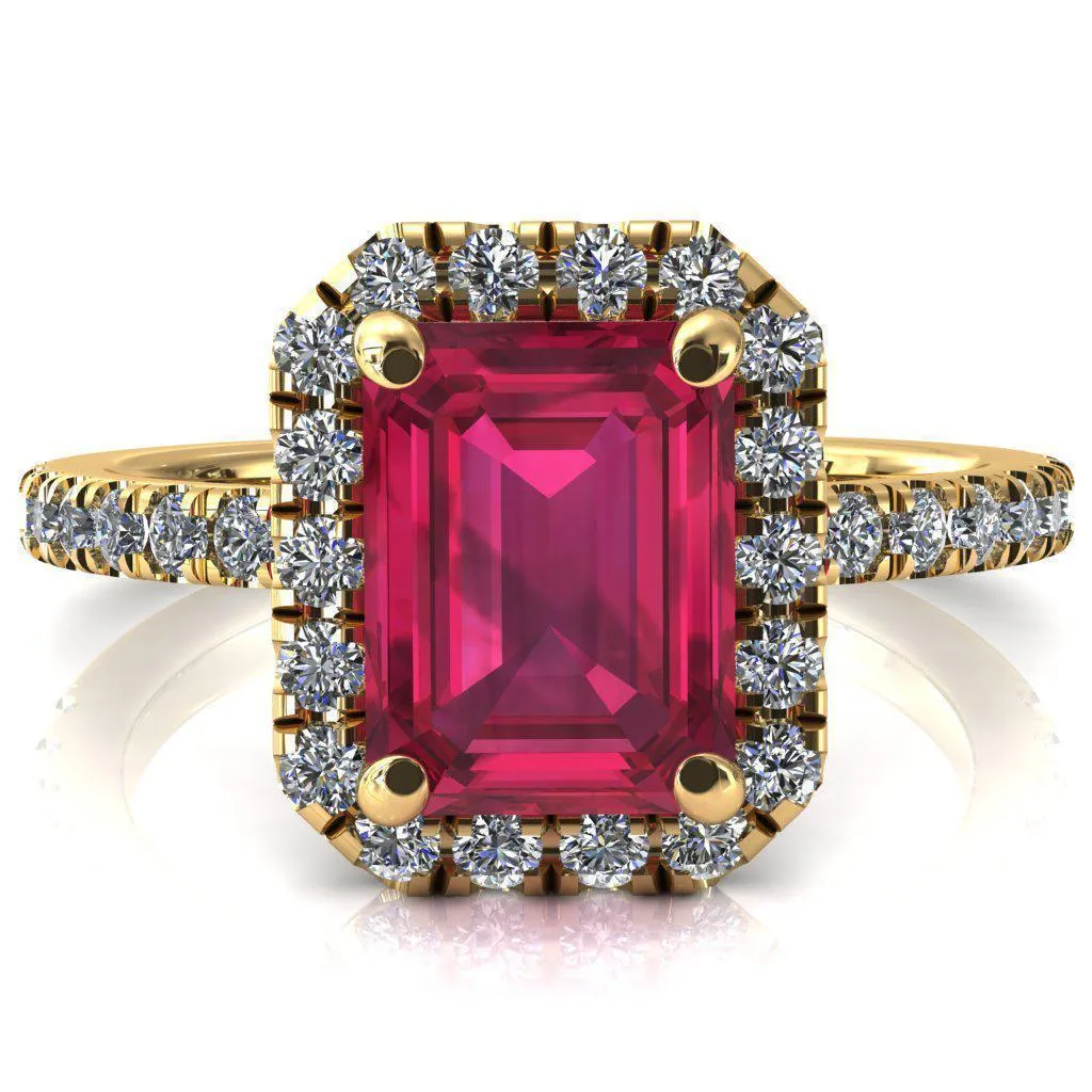 Talia Emerald Ruby 4 Prong Halo 5/8 Micropave Engagement Ring
