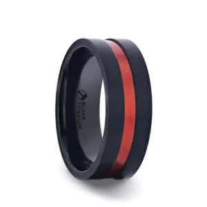 Thorsten BLAZE Flat Brushed Black Titanium Men's Wedding Band With Red Aluminum Groove Brushed Center - 8mm