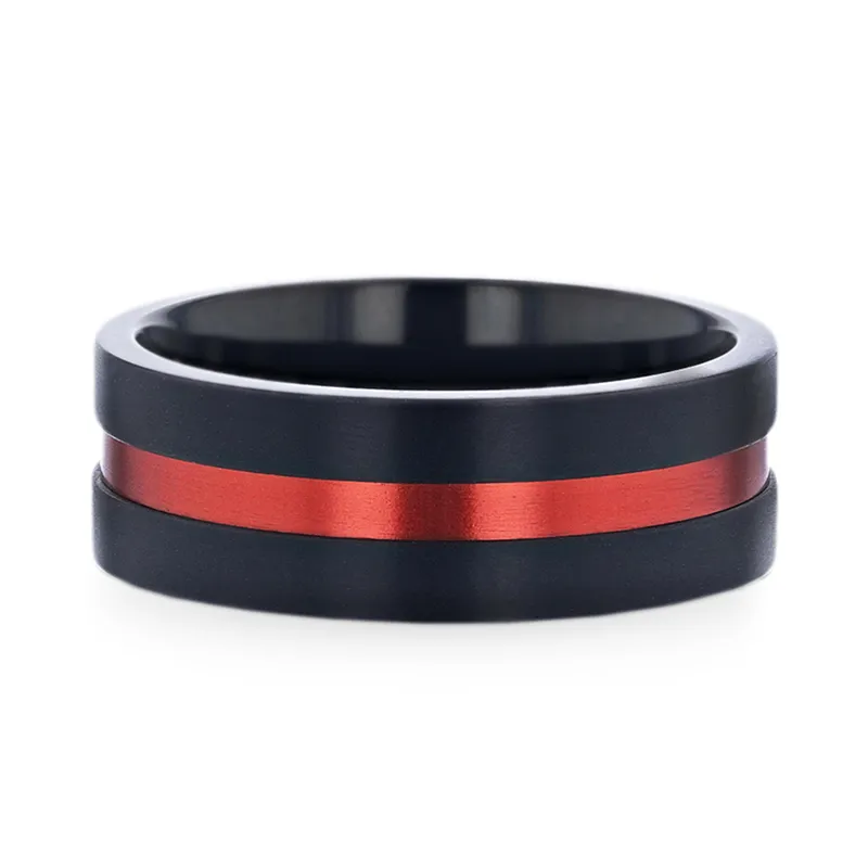 Thorsten BLAZE Flat Brushed Black Titanium Men's Wedding Band With Red Aluminum Groove Brushed Center - 8mm