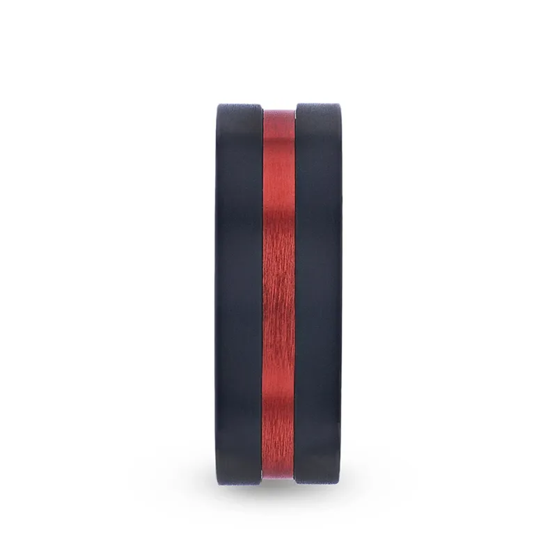 Thorsten BLAZE Flat Brushed Black Titanium Men's Wedding Band With Red Aluminum Groove Brushed Center - 8mm
