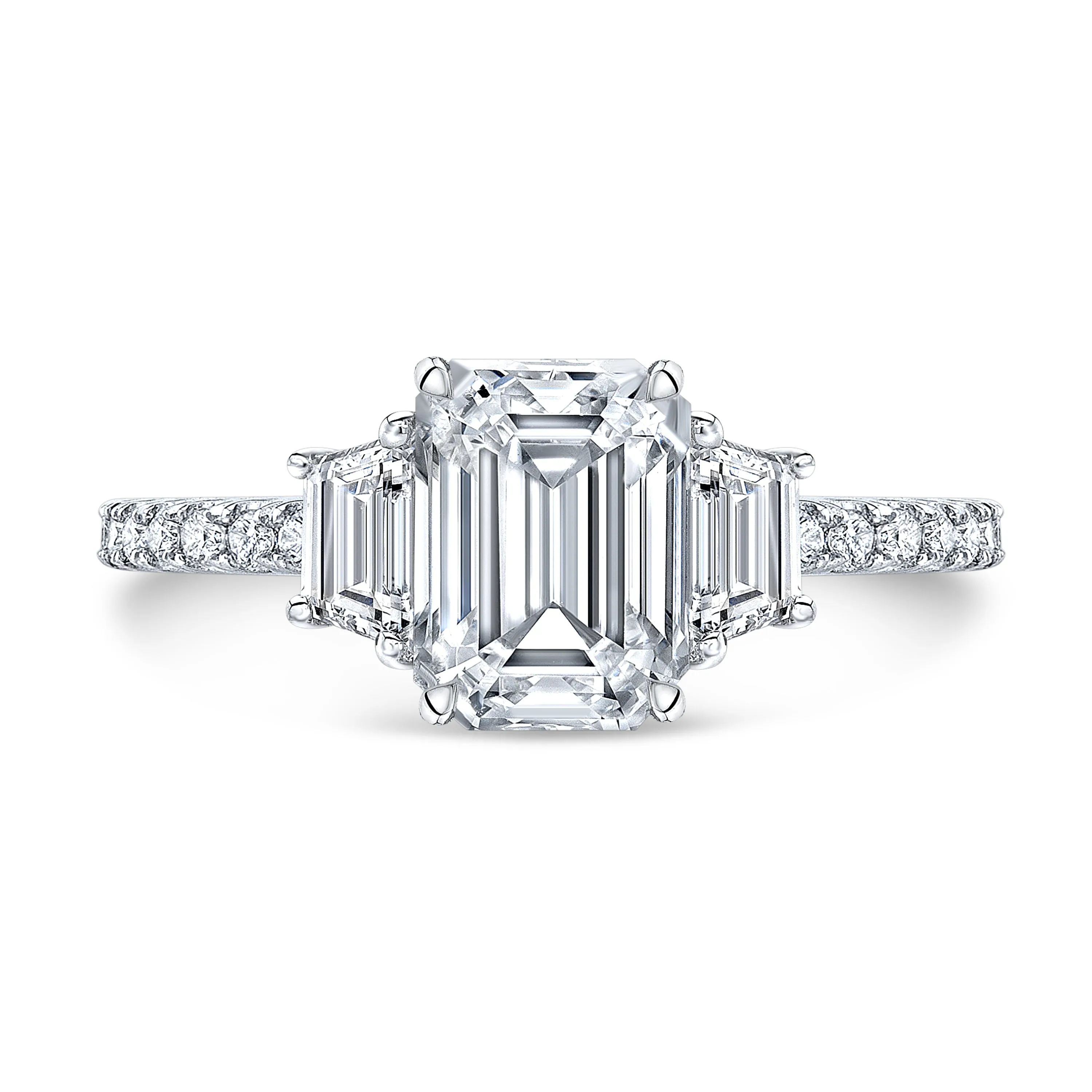 Three-Stone Emerald Cut Engagement Ring Mounting with Emerald Cut Diamond