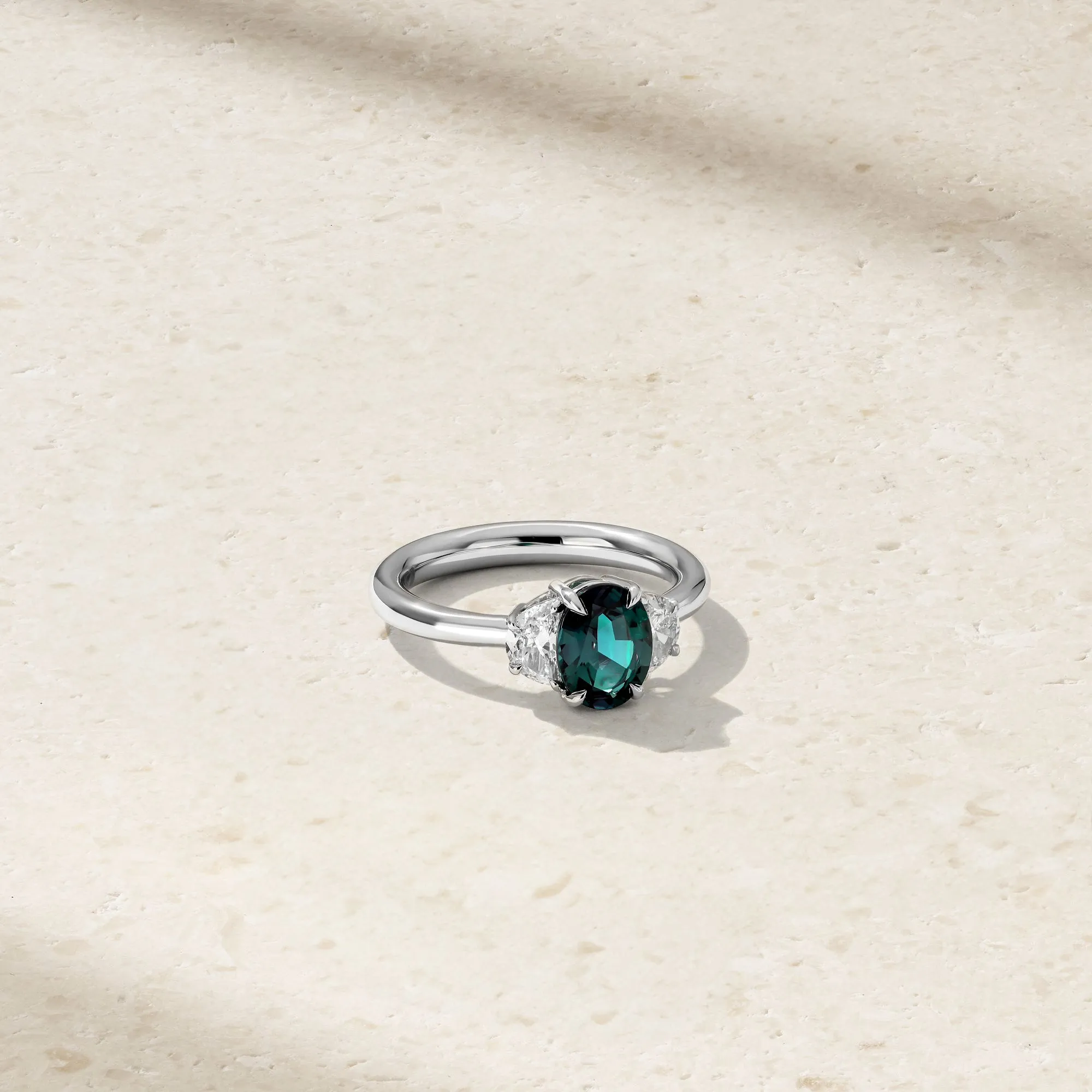 Three Stone Oval Alexandrite and Half Moon Diamond Ring
