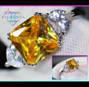 Three Stone Ring | Yellow Diamond Ring | Womens Engagement Ring | Engagement Rings | Womens Rings | Emerald Engagement Ring | Baguette Ring