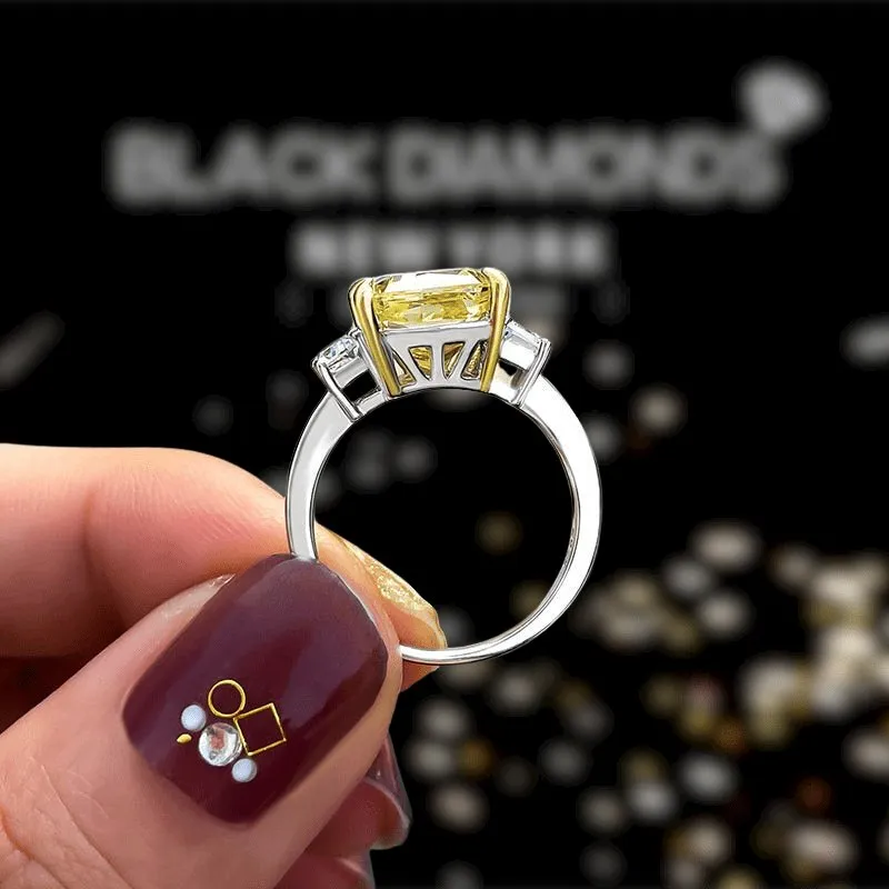 Three Stone Yellow Diamond Radiant Cut Engagement Ring