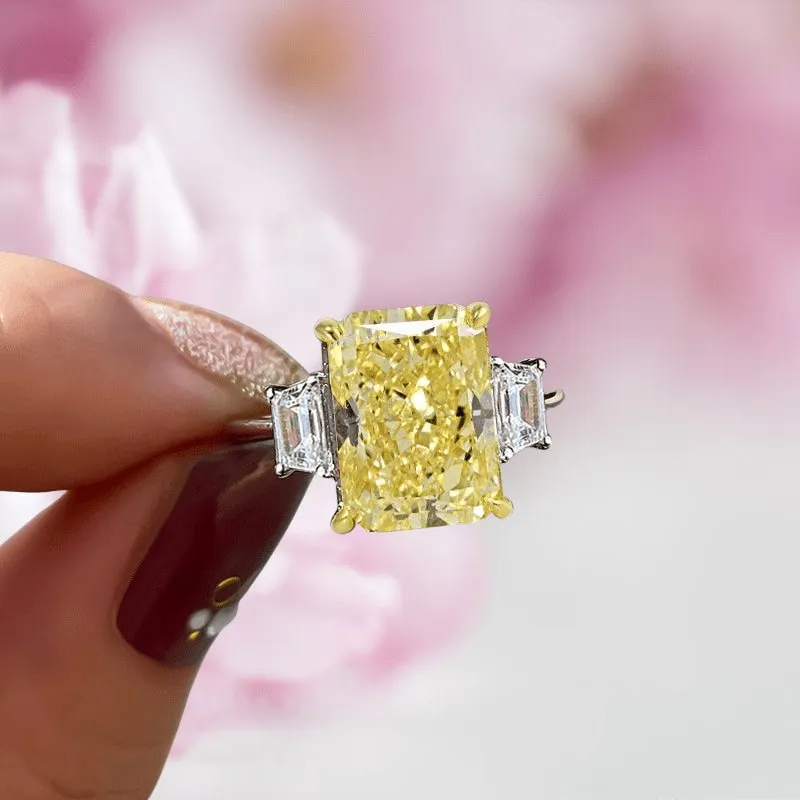 Three Stone Yellow Diamond Radiant Cut Engagement Ring