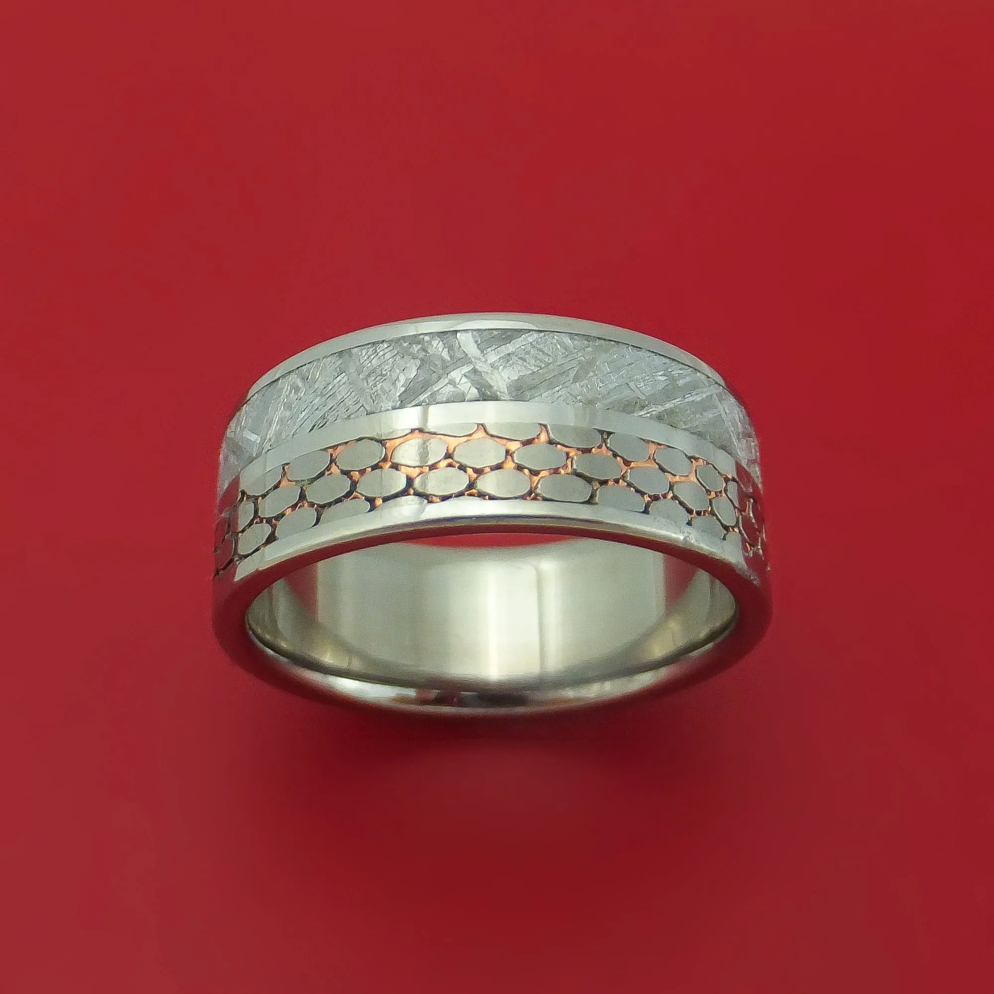 Titanium Ring with Etched Superconductor and Gibeon Meteorite Inlays Custom Made Band