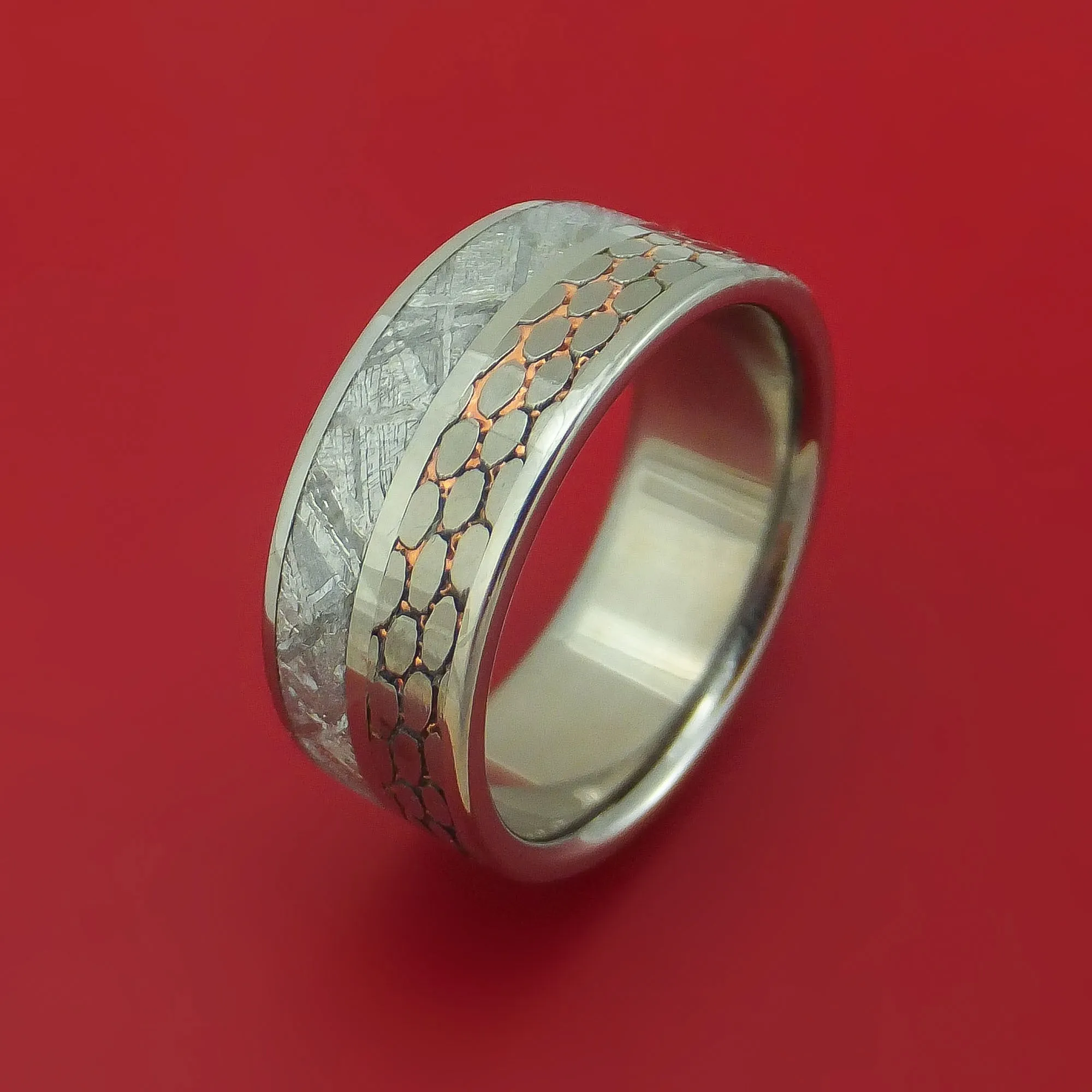 Titanium Ring with Etched Superconductor and Gibeon Meteorite Inlays Custom Made Band
