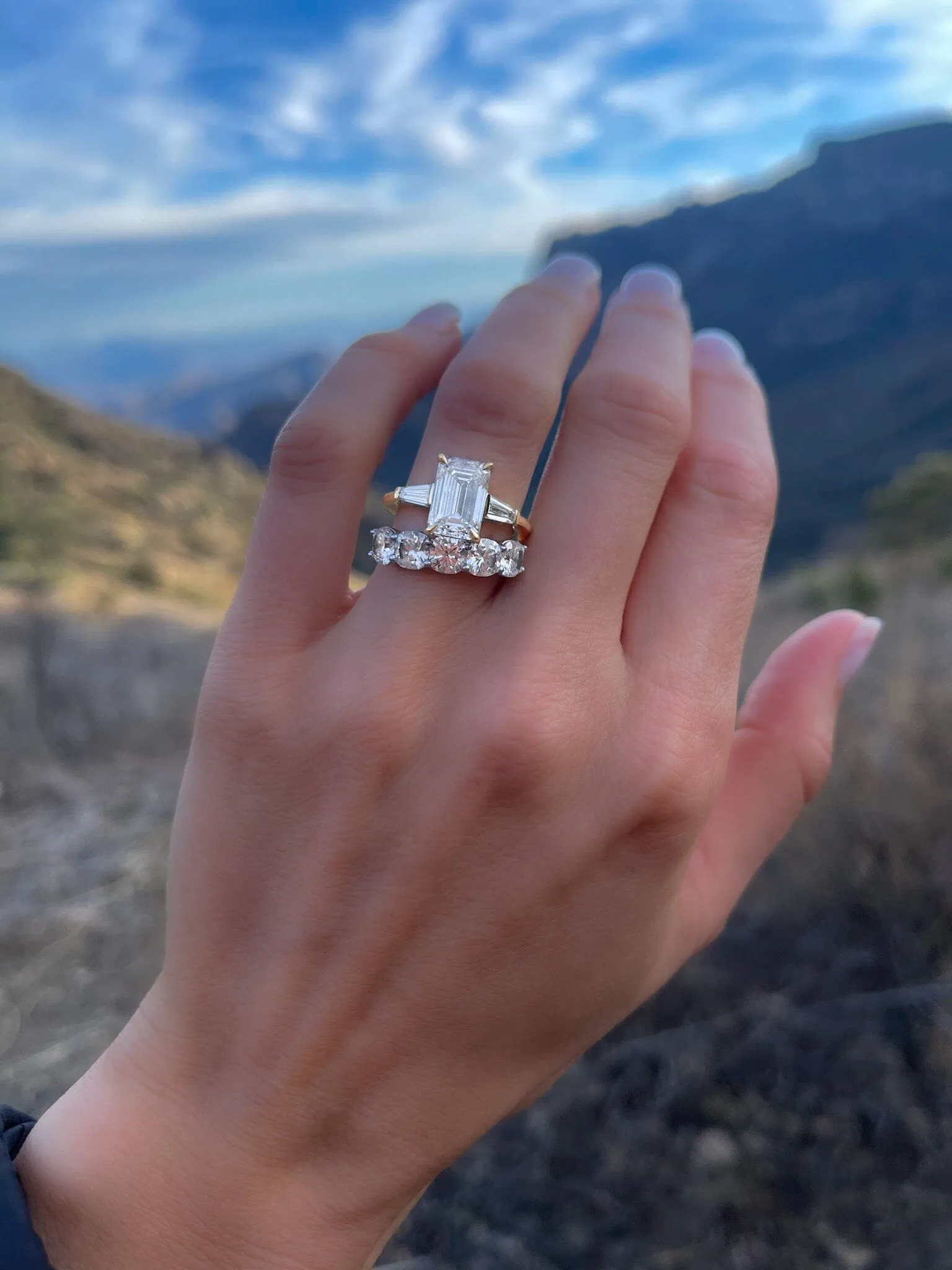 Translunar Tapered Baguette Engagement Ring With North South Emerald Cut Diamond