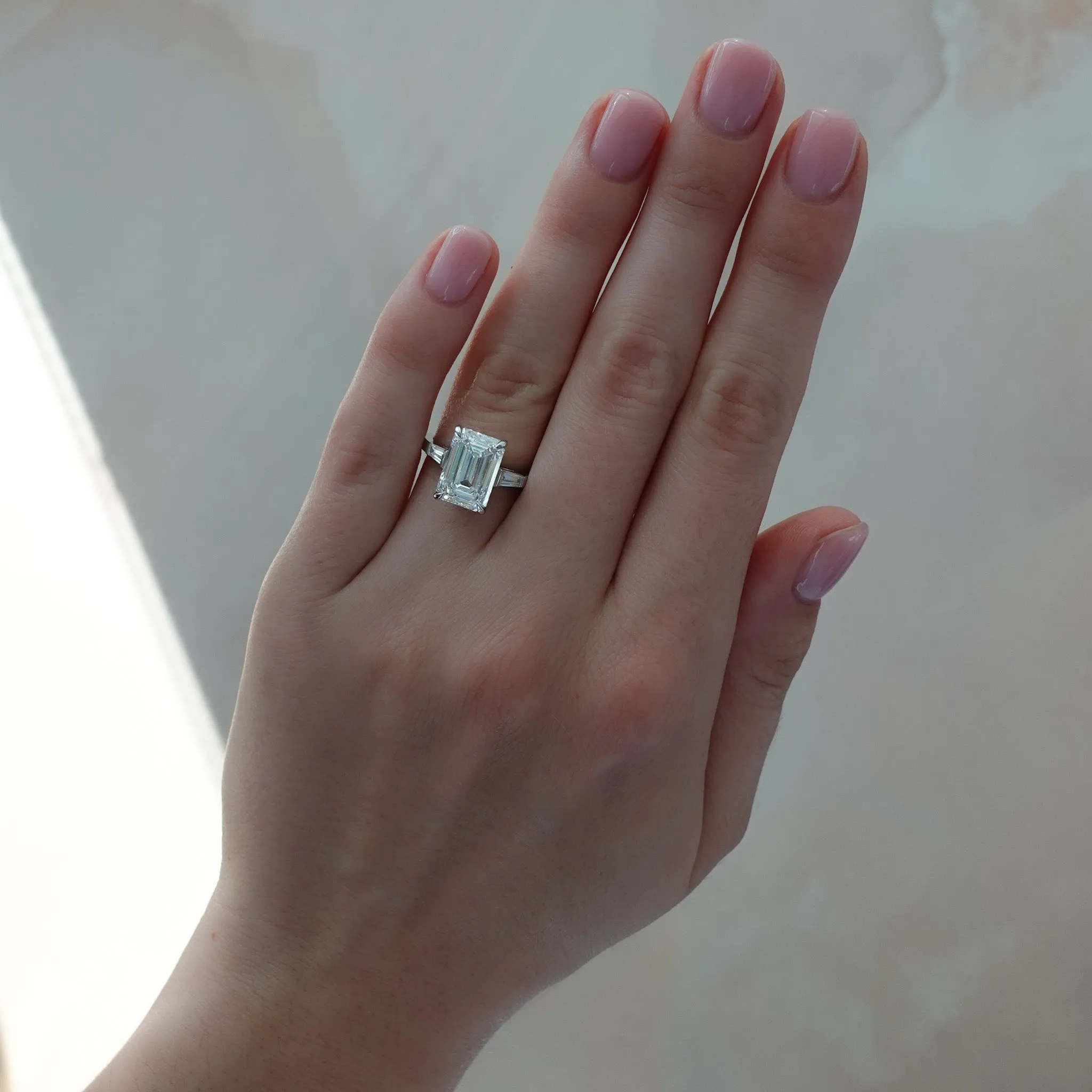 Translunar Tapered Baguette Engagement Ring With North South Emerald Cut Diamond