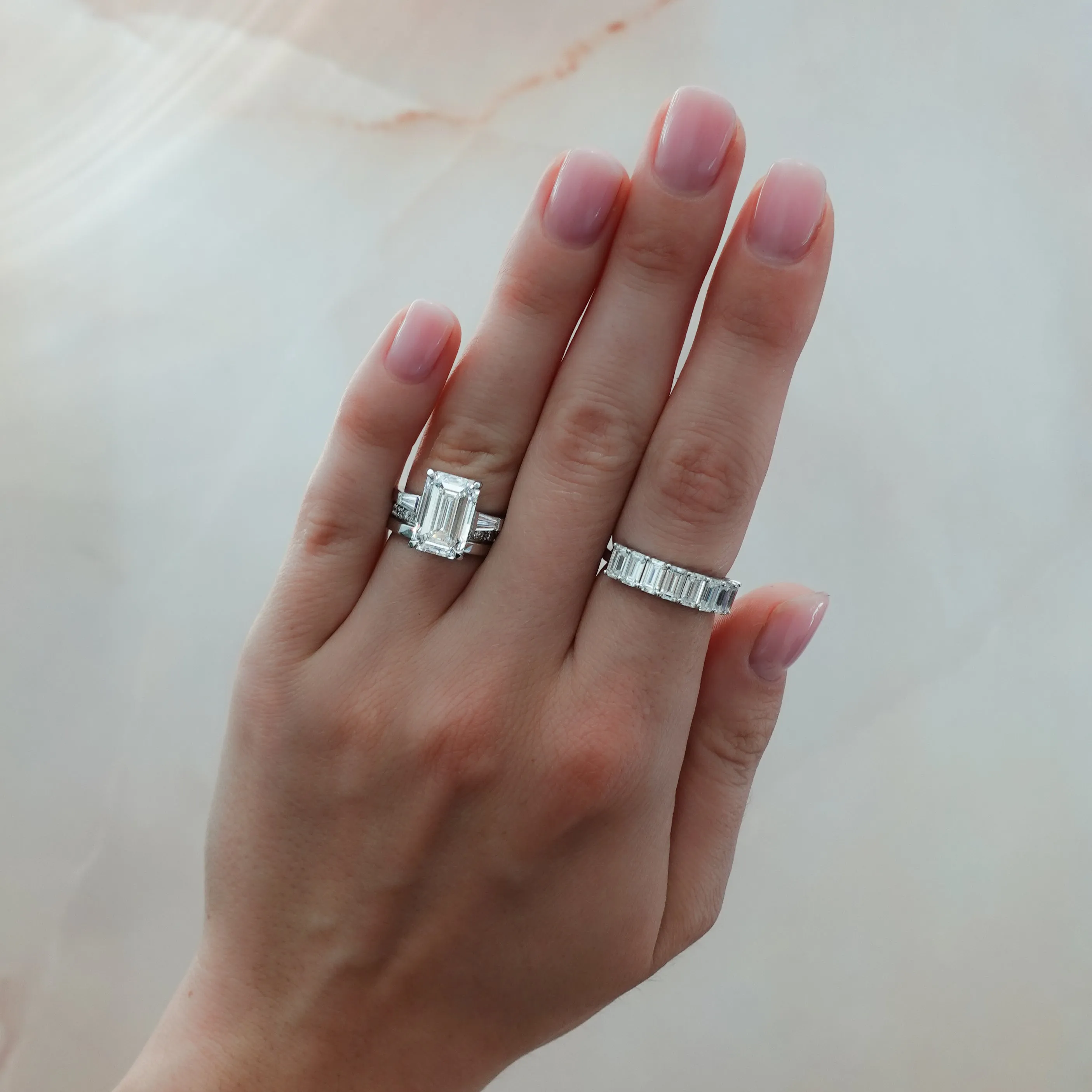 Translunar Tapered Baguette Engagement Ring With North South Emerald Cut Diamond