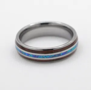 Tungsten Ring With Blue Opal and Koa Wood Inlay