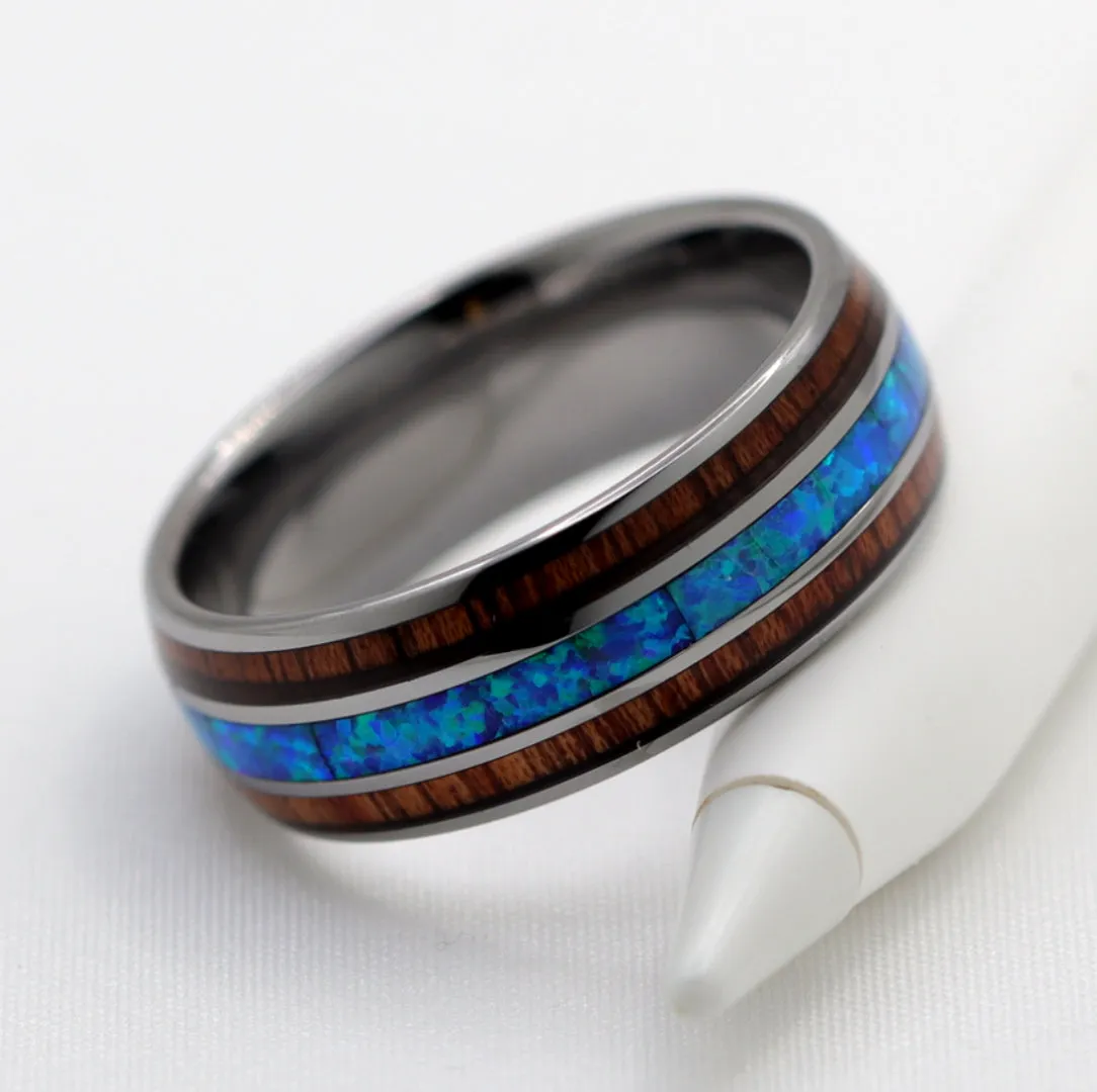 Tungsten Ring With Blue Opal and Koa Wood Inlay