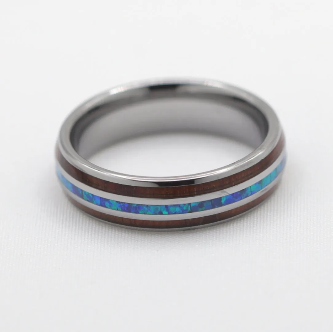 Tungsten Ring With Blue Opal and Koa Wood Inlay