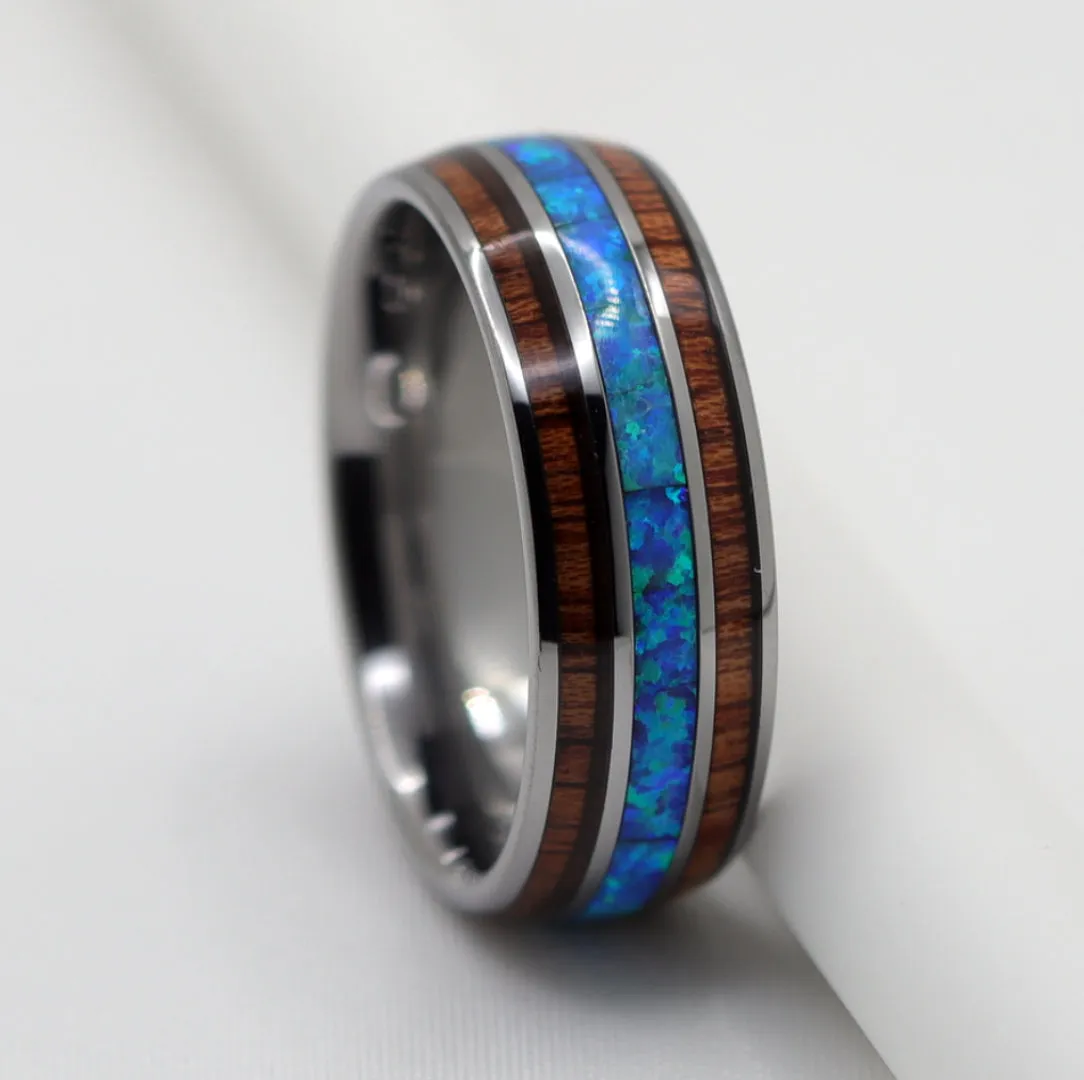 Tungsten Ring With Blue Opal and Koa Wood Inlay