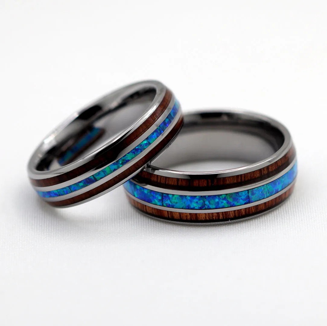 Tungsten Ring With Blue Opal and Koa Wood Inlay