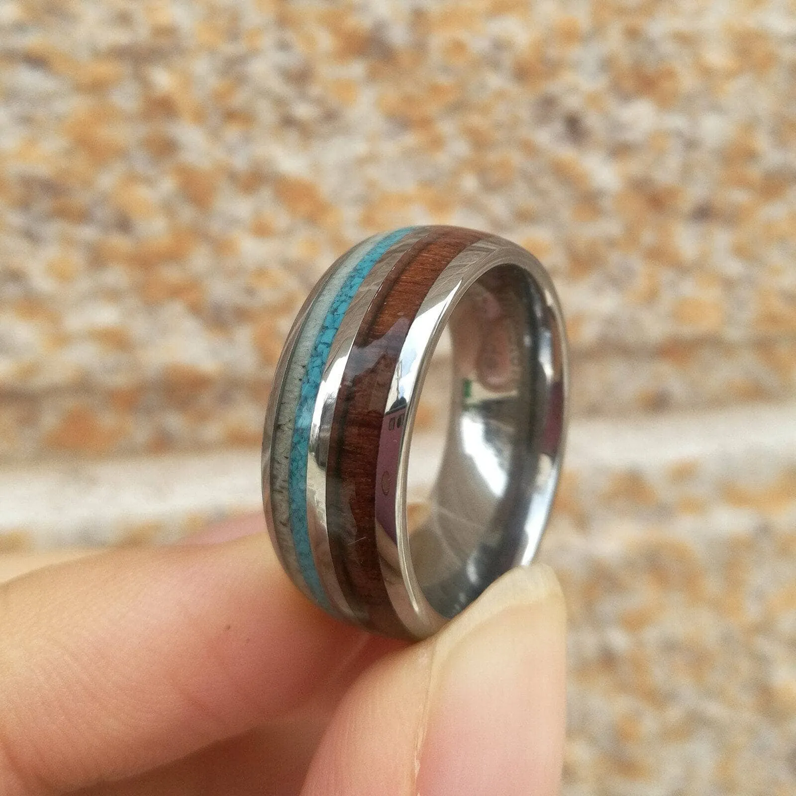 Tungsten Wood Blue Silver 8mm Carbide Wedding Band