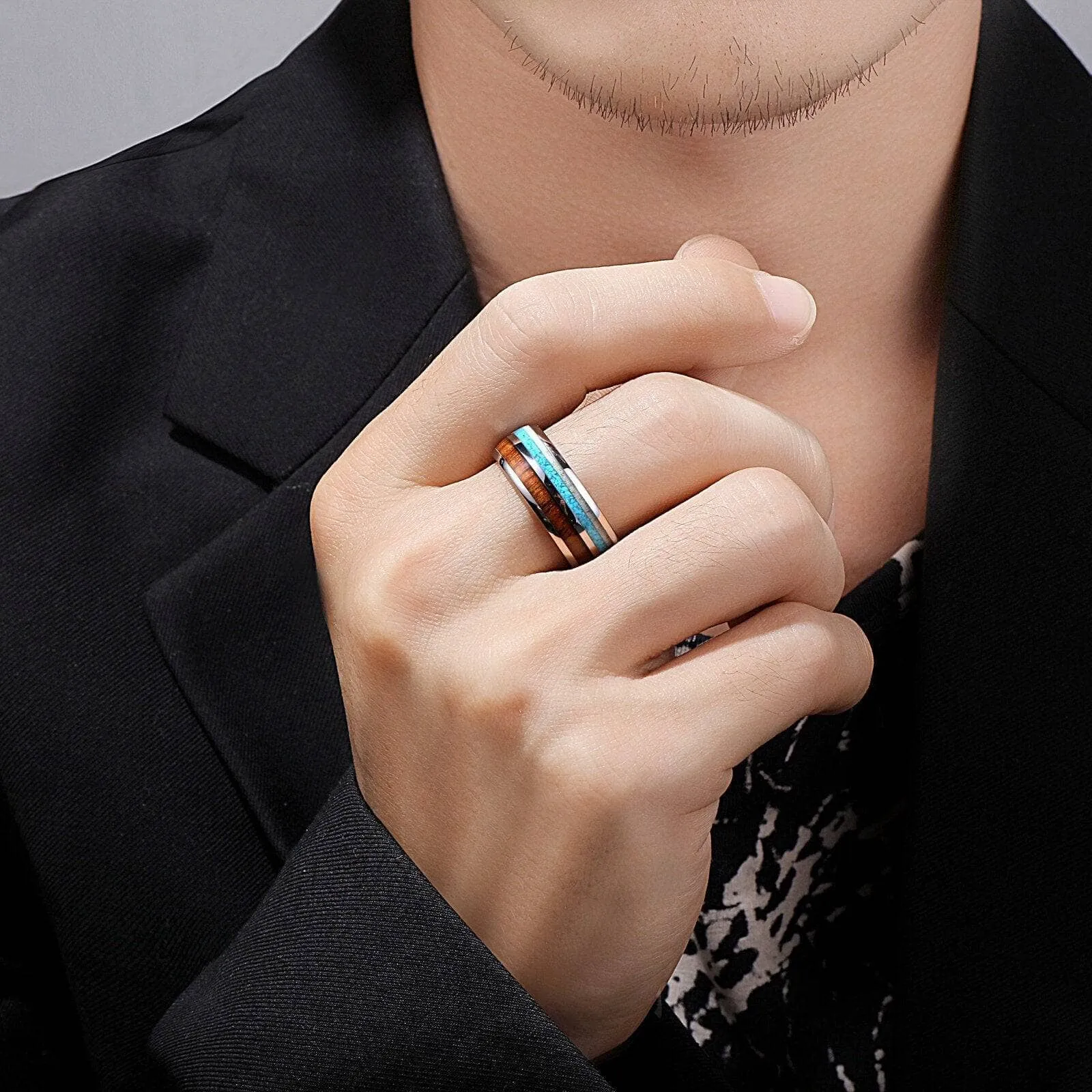 Tungsten Wood Blue Silver 8mm Carbide Wedding Band