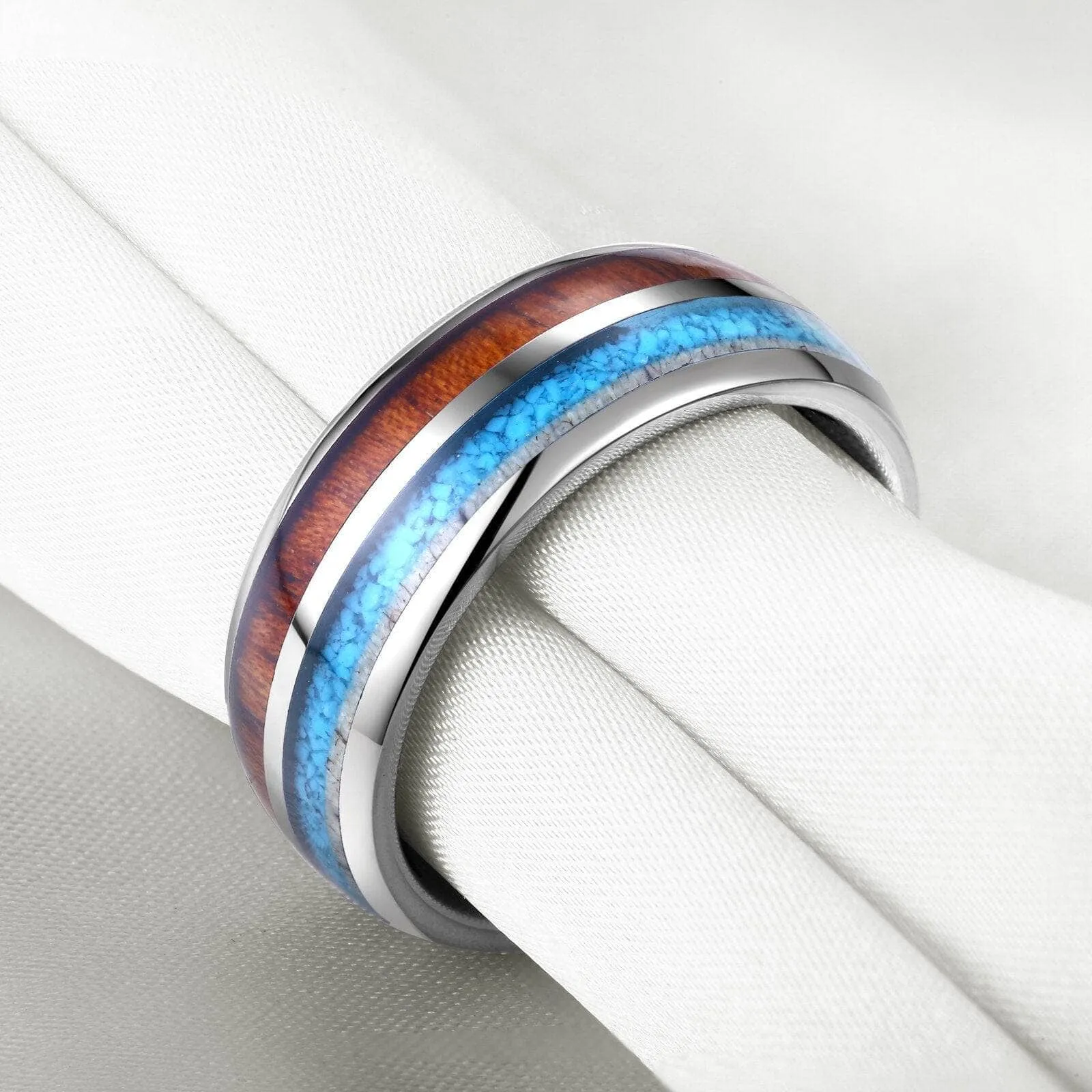Tungsten Wood Blue Silver 8mm Carbide Wedding Band