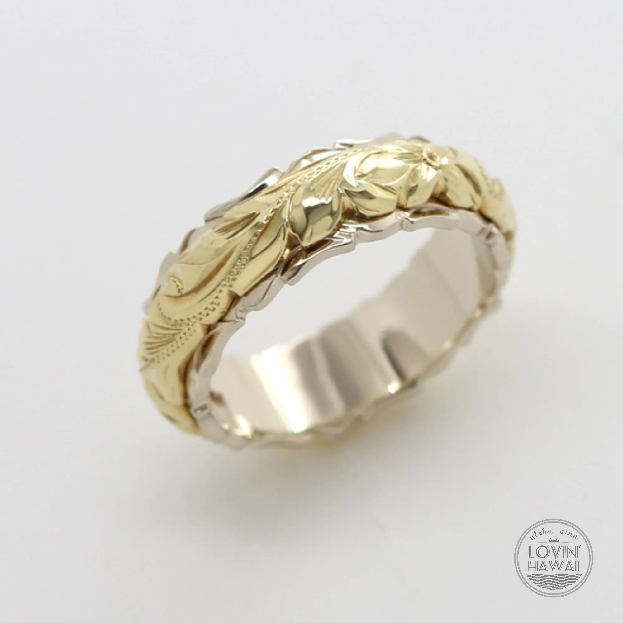 Two Tone 14K Gold Ring, Hand Engraved with Hawaiian Heritage Design  (4MM 6MM, Dome Style)