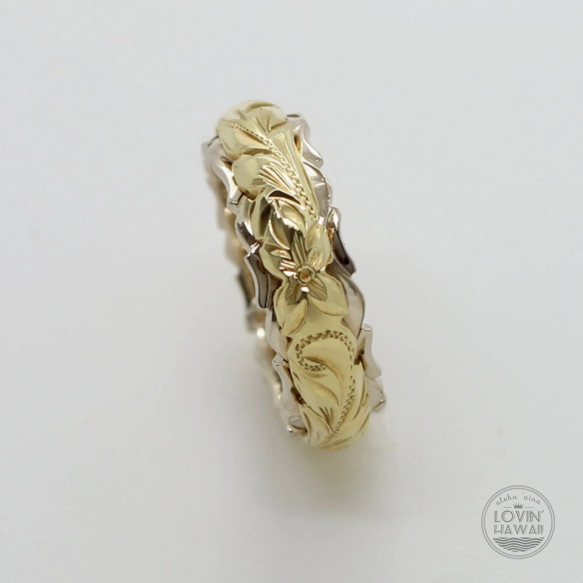 Two Tone 14K Gold Ring, Hand Engraved with Hawaiian Heritage Design  (4MM 6MM, Dome Style)
