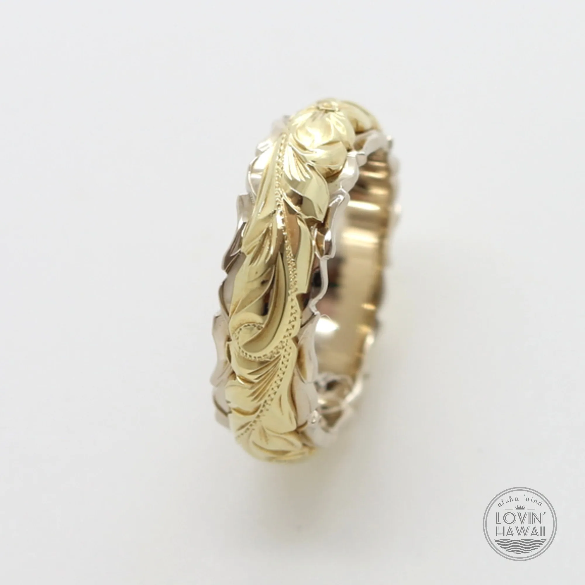 Two Tone 14K Gold Ring, Hand Engraved with Hawaiian Heritage Design  (4MM 6MM, Dome Style)