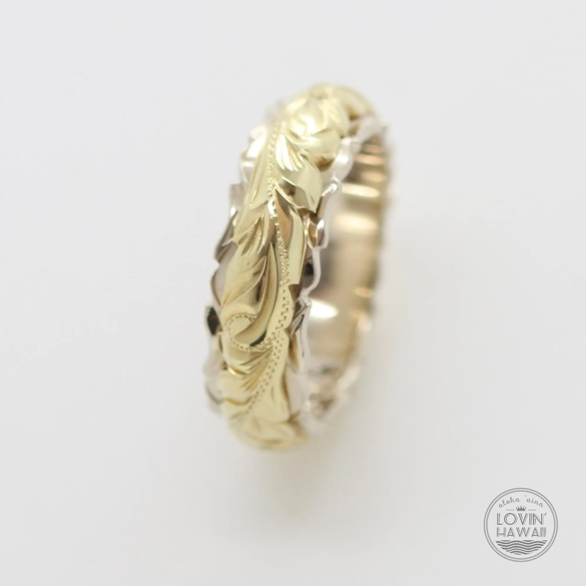 Two Tone 14K Gold Ring, Hand Engraved with Hawaiian Heritage Design  (4MM 6MM, Dome Style)