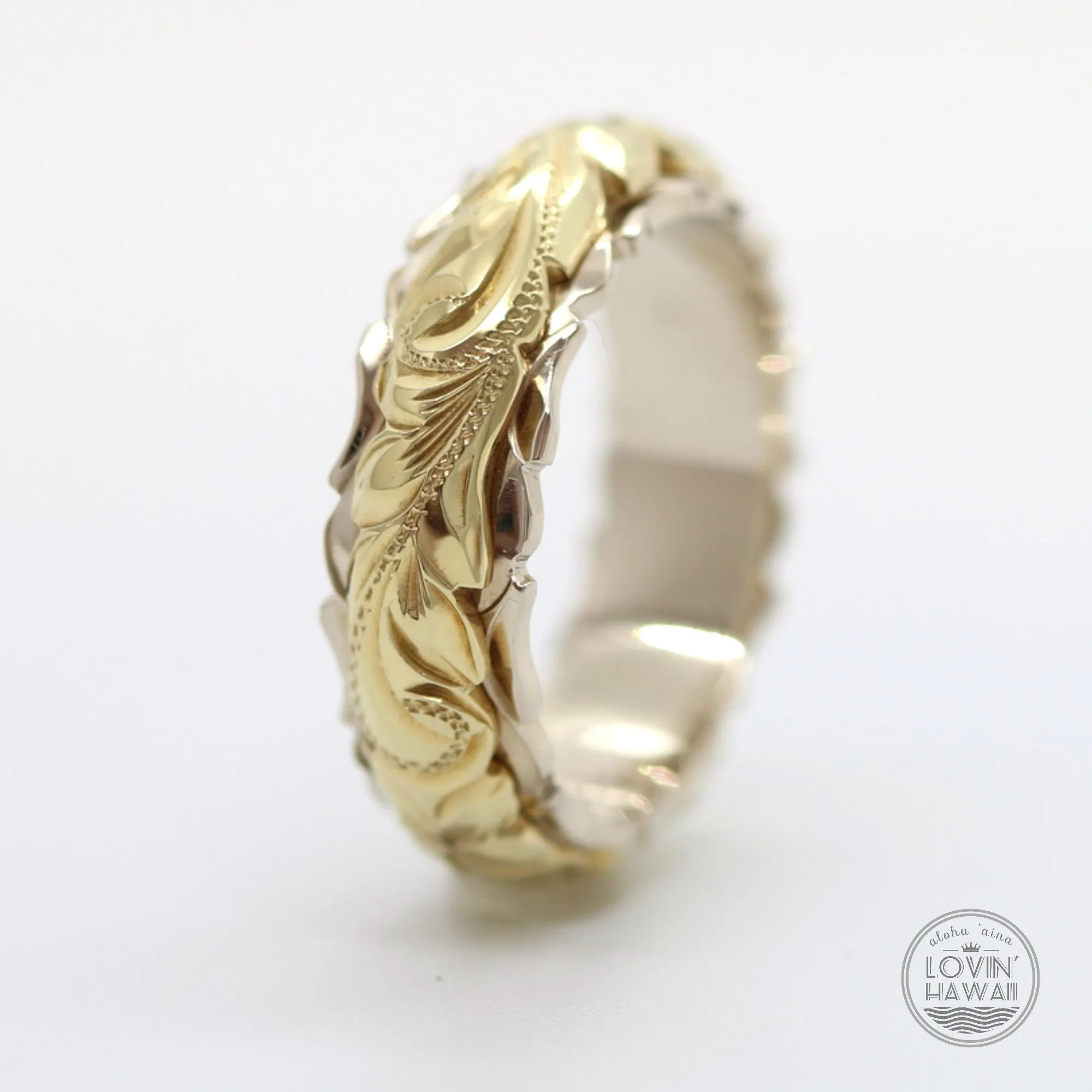 Two Tone 14K Gold Ring, Hand Engraved with Hawaiian Heritage Design  (4MM 6MM, Dome Style)