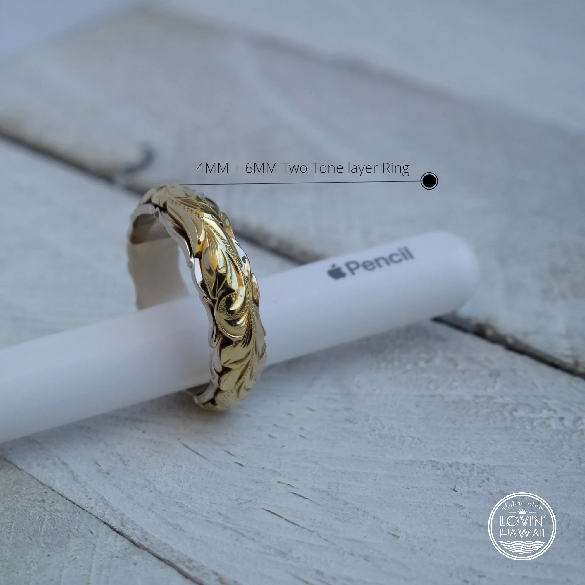 Two Tone 14K Gold Ring, Hand Engraved with Hawaiian Heritage Design  (4MM 6MM, Dome Style)