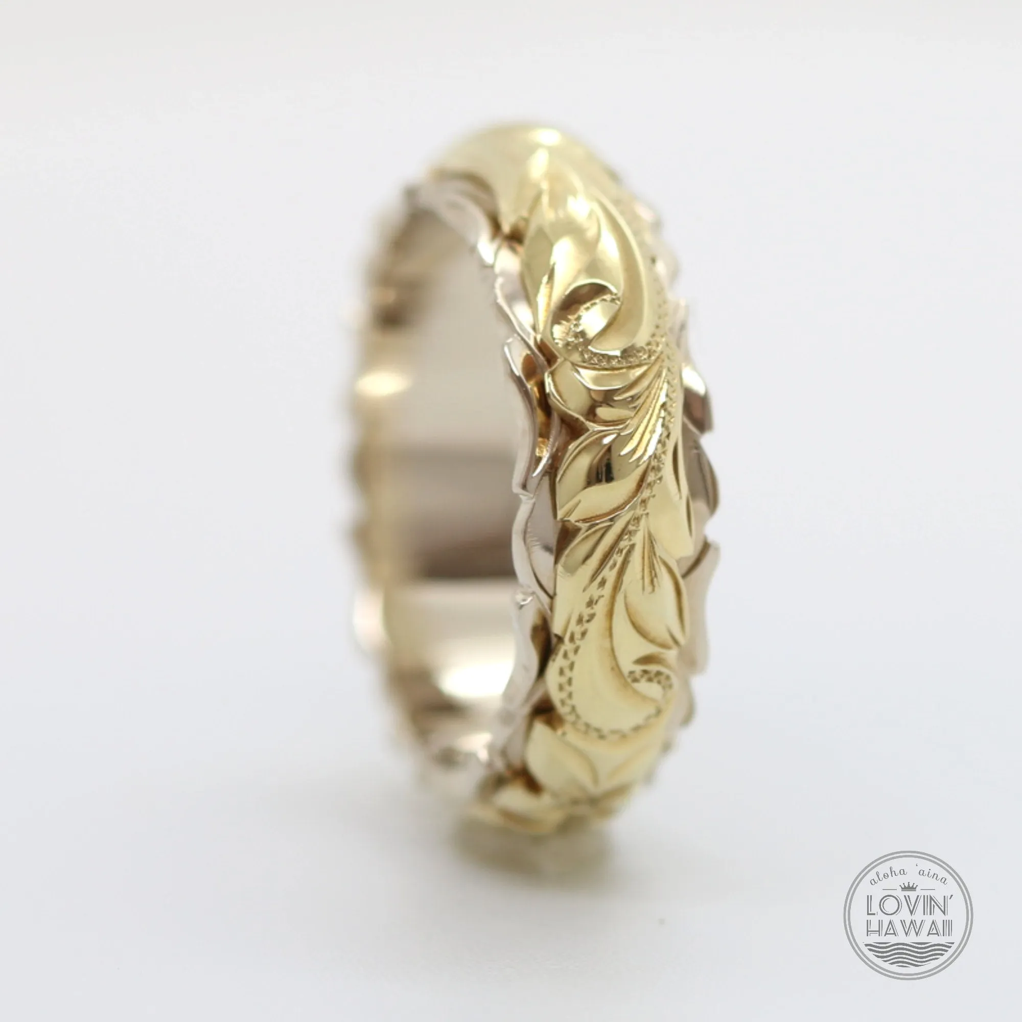 Two Tone 14K Gold Ring, Hand Engraved with Hawaiian Heritage Design  (4MM 6MM, Dome Style)