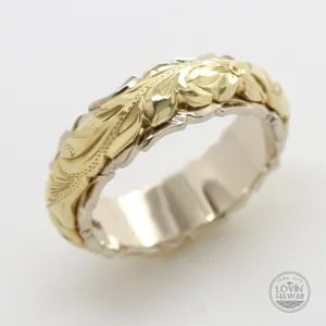 Two Tone 14K Gold Ring, Hand Engraved with Hawaiian Heritage Design  (4MM 6MM, Dome Style)