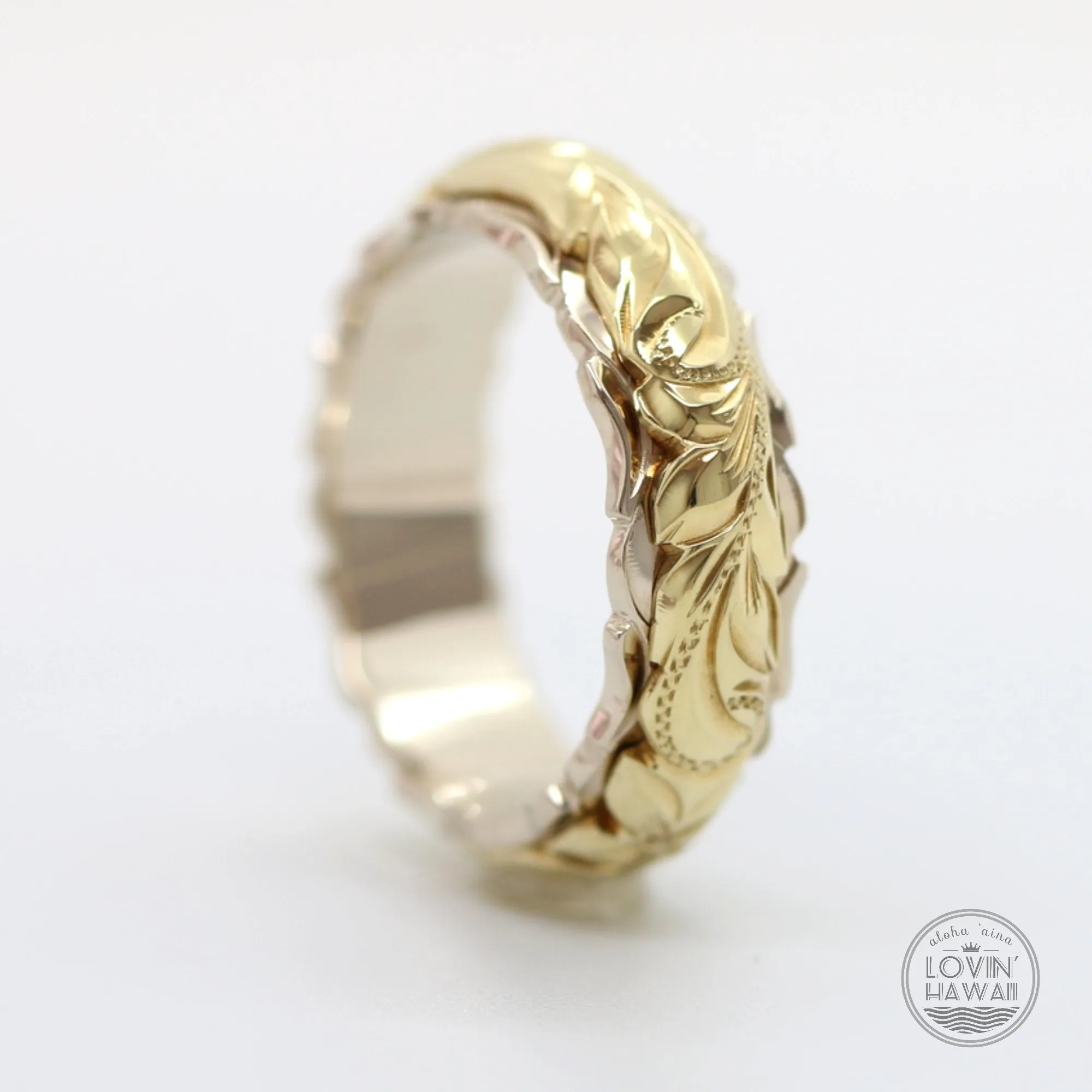 Two Tone 14K Gold Ring, Hand Engraved with Hawaiian Heritage Design  (4MM 6MM, Dome Style)