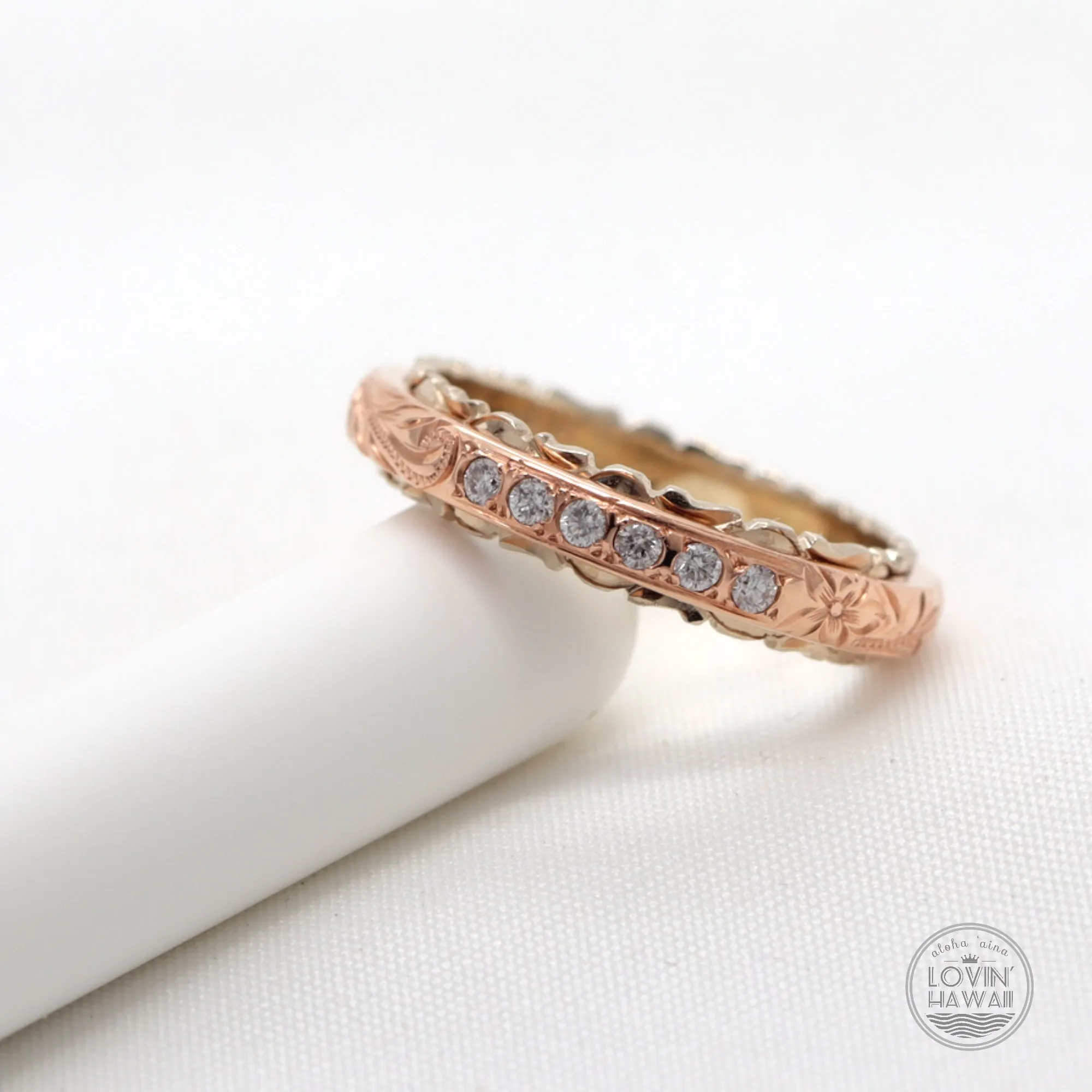 Two Tone Gold Rings With Diamonds, Hand Engraved Design (4mm width)