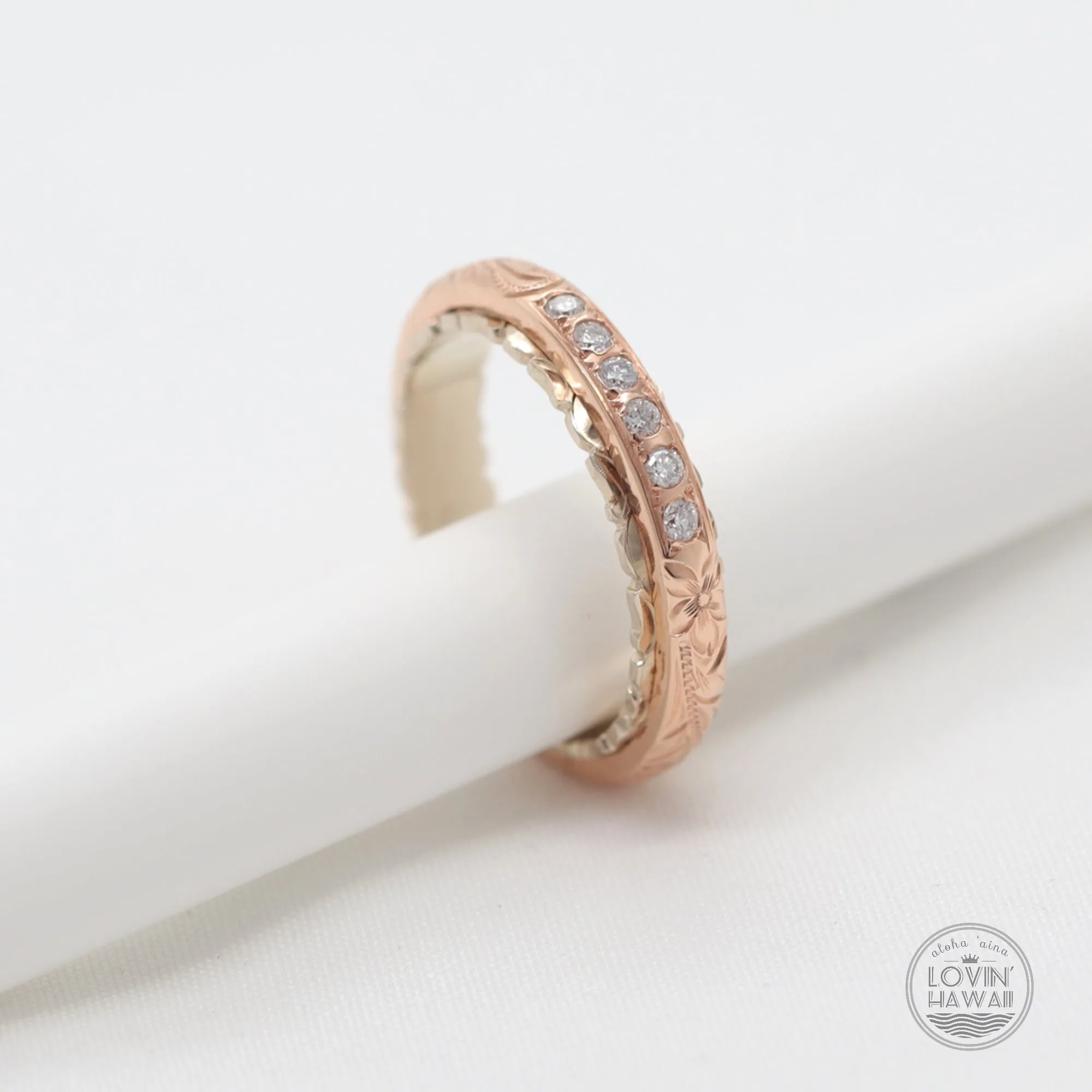 Two Tone Gold Rings With Diamonds, Hand Engraved Design (4mm width)