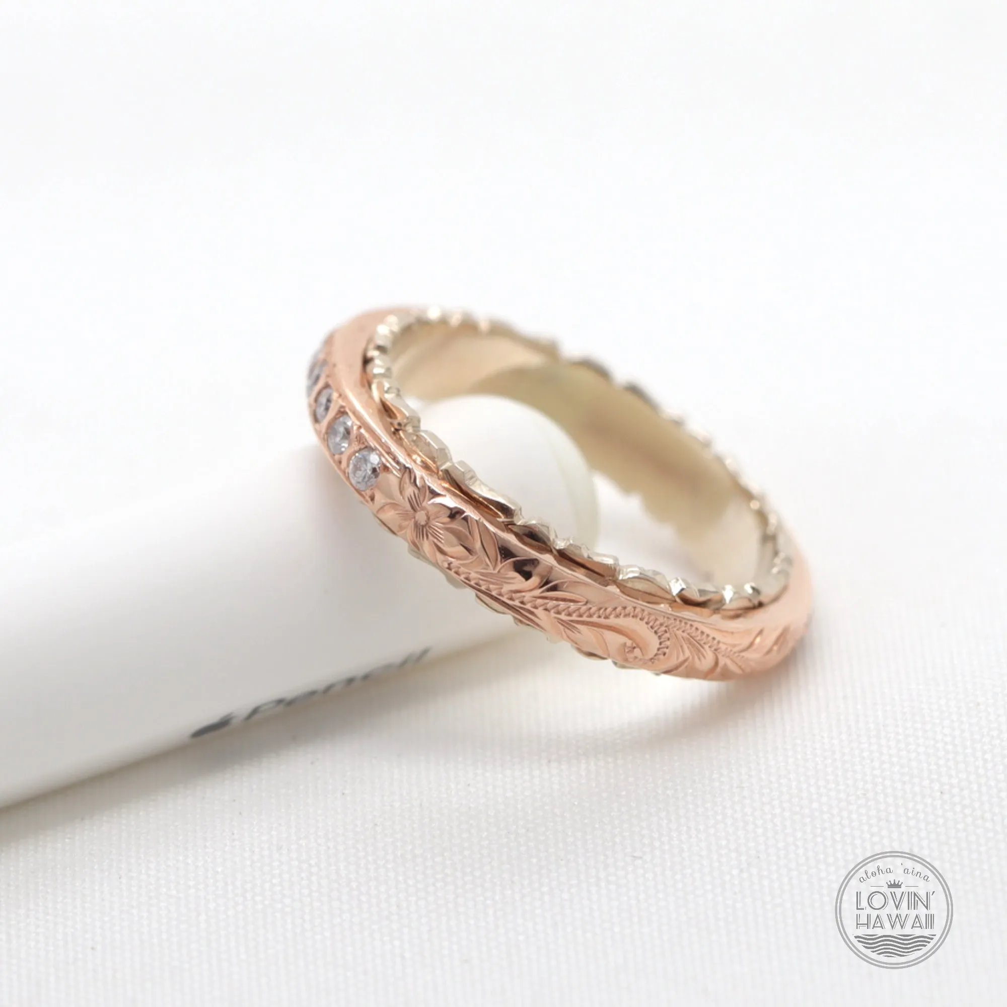 Two Tone Gold Rings With Diamonds, Hand Engraved Design (4mm width)