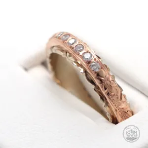 Two Tone Gold Rings With Diamonds, Hand Engraved Design (4mm width)
