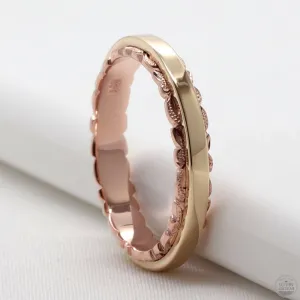 Two Tone Wedding Ring, Hand Engraved Scroll Design (4mm Width)