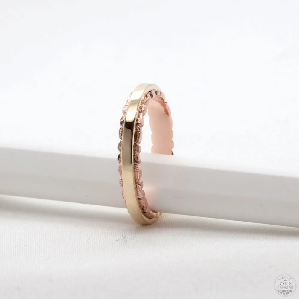 Two Tone Wedding Ring, Hand Engraved Scroll Design (4mm Width)
