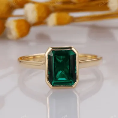 Unique May Birthstone Ring, 3CT Emerald Cut Emerald Engagement Ring, Bezel Set Emerald Anniversary Ring For Women, Vintage Solitaire Ring