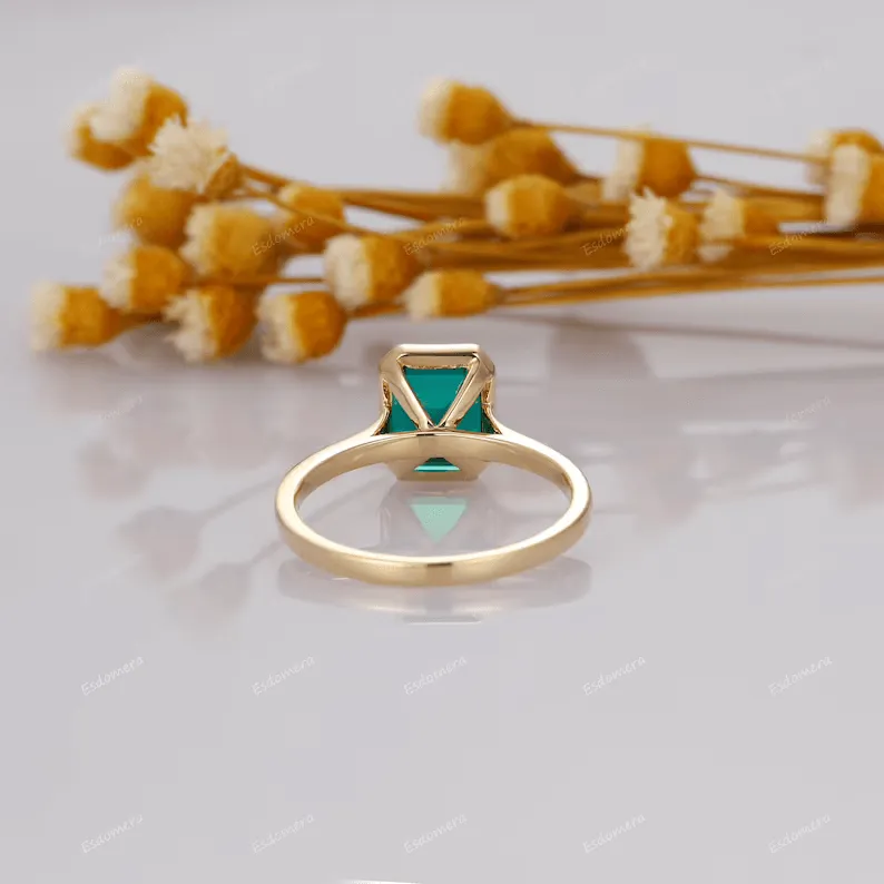 Unique May Birthstone Ring, 3CT Emerald Cut Emerald Engagement Ring, Bezel Set Emerald Anniversary Ring For Women, Vintage Solitaire Ring