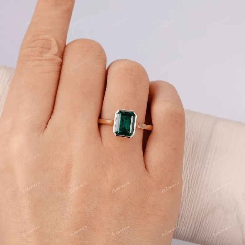 Unique May Birthstone Ring, 3CT Emerald Cut Emerald Engagement Ring, Bezel Set Emerald Anniversary Ring For Women, Vintage Solitaire Ring