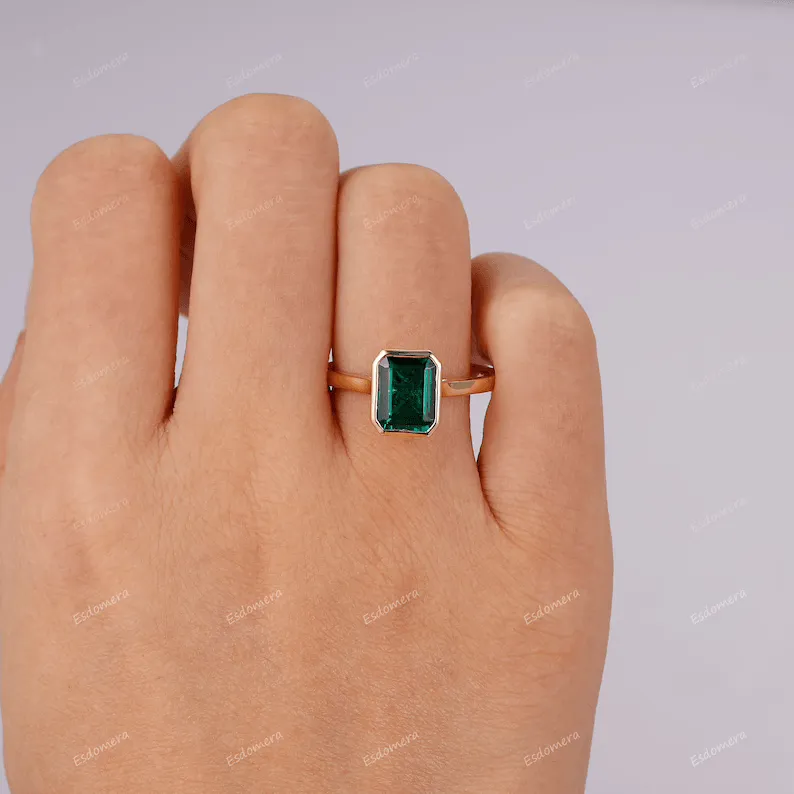 Unique May Birthstone Ring, 3CT Emerald Cut Emerald Engagement Ring, Bezel Set Emerald Anniversary Ring For Women, Vintage Solitaire Ring