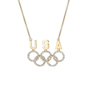 USA Olympic Rings Diamond Necklace Vintage 18k Gold Patriotic Name Plate Fine