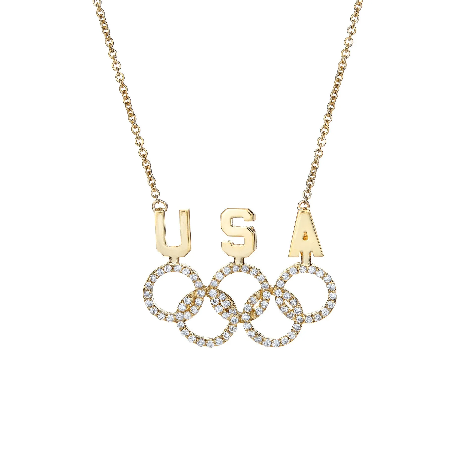 USA Olympic Rings Diamond Necklace Vintage 18k Gold Patriotic Name Plate Fine