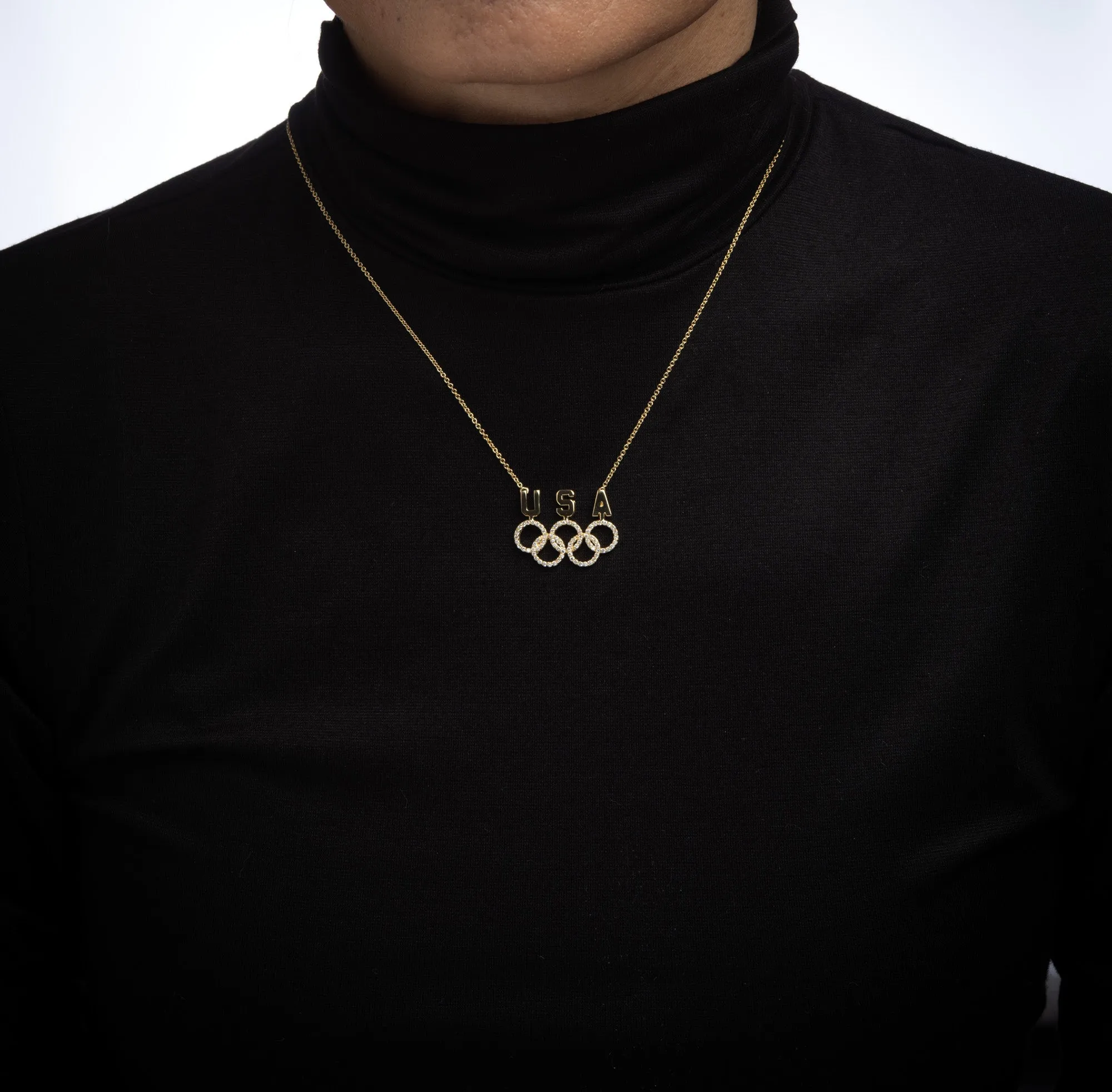 USA Olympic Rings Diamond Necklace Vintage 18k Gold Patriotic Name Plate Fine
