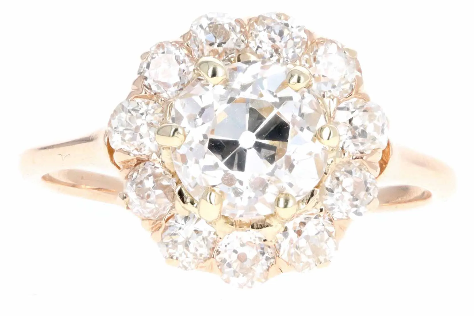 Victorian 14K Rose Gold 1.57 Carat Old European Cut Diamond Cluster Halo Engagement Ring GIA Certified