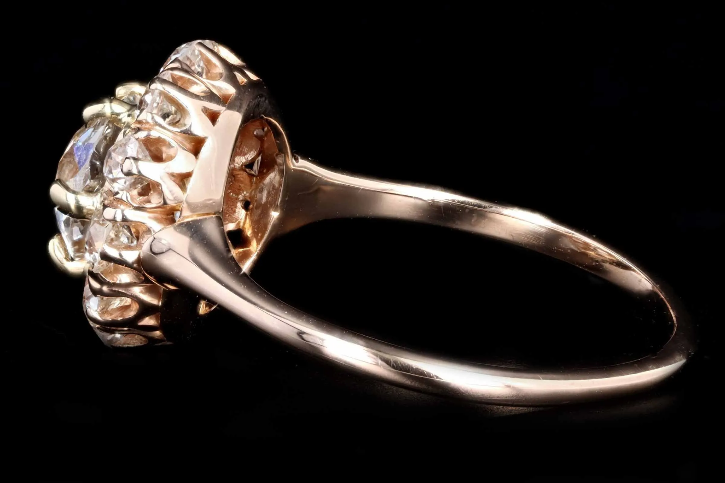 Victorian 14K Rose Gold 1.57 Carat Old European Cut Diamond Cluster Halo Engagement Ring GIA Certified