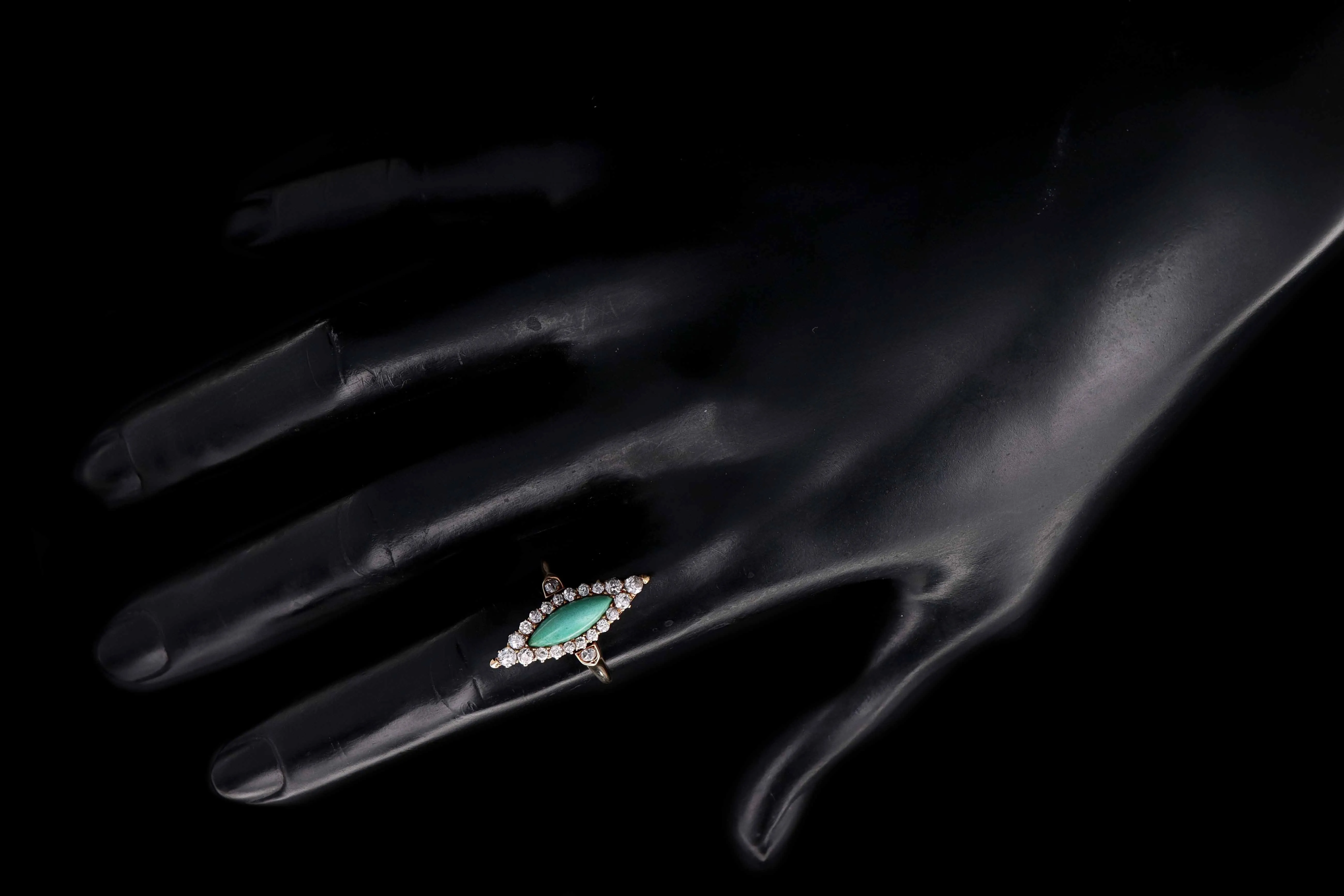 Victorian 14K Rose Gold Turquoise and Diamond Navette Ring