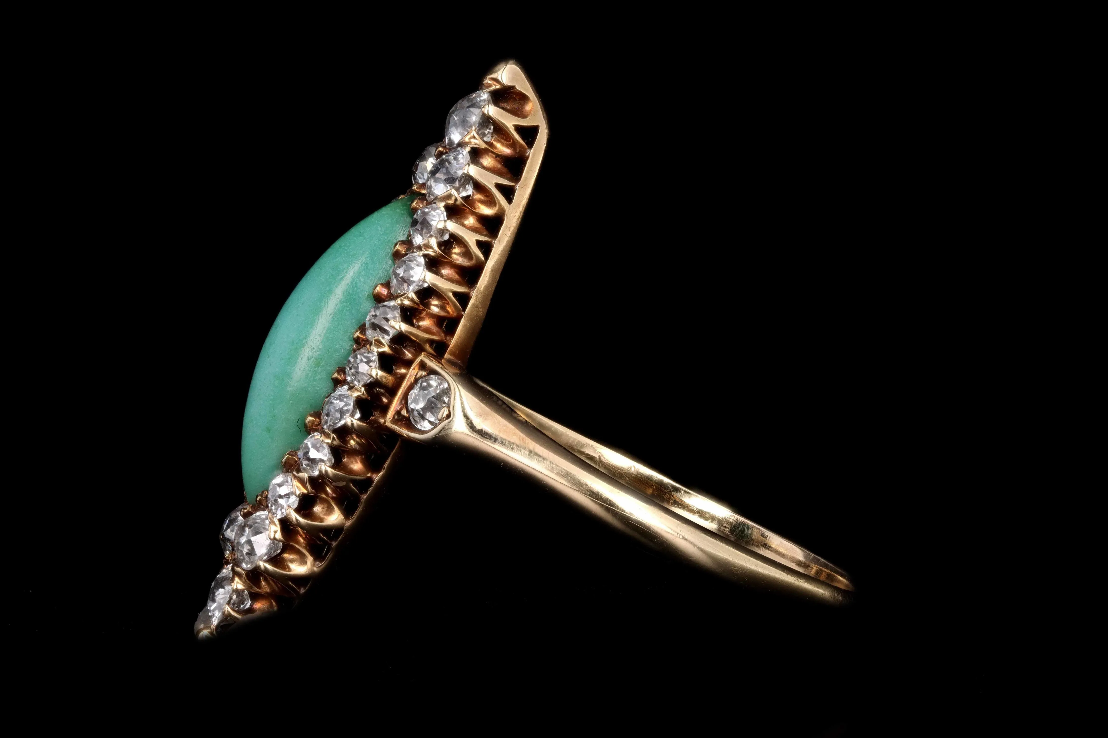 Victorian 14K Rose Gold Turquoise and Diamond Navette Ring