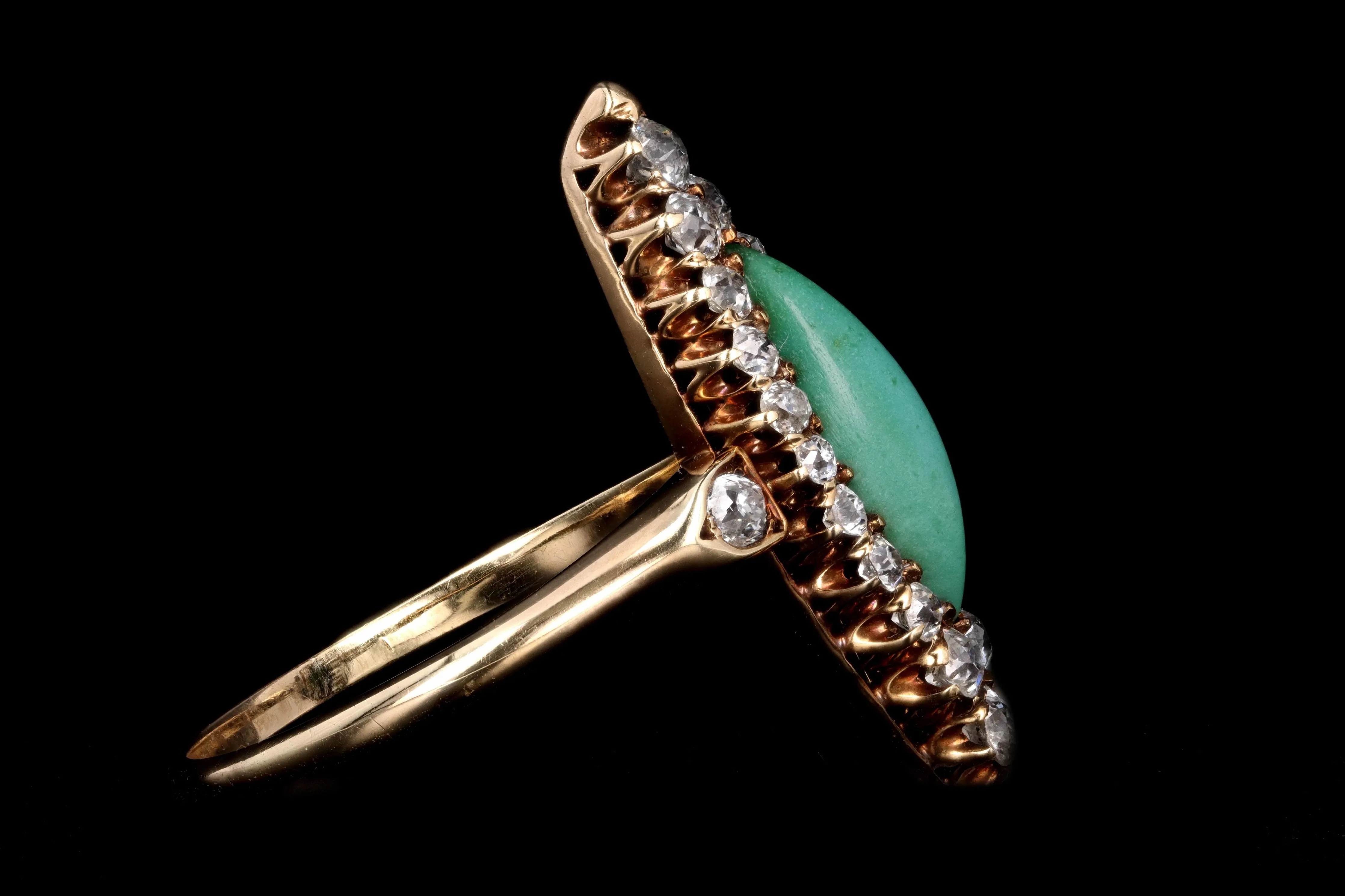 Victorian 14K Rose Gold Turquoise and Diamond Navette Ring
