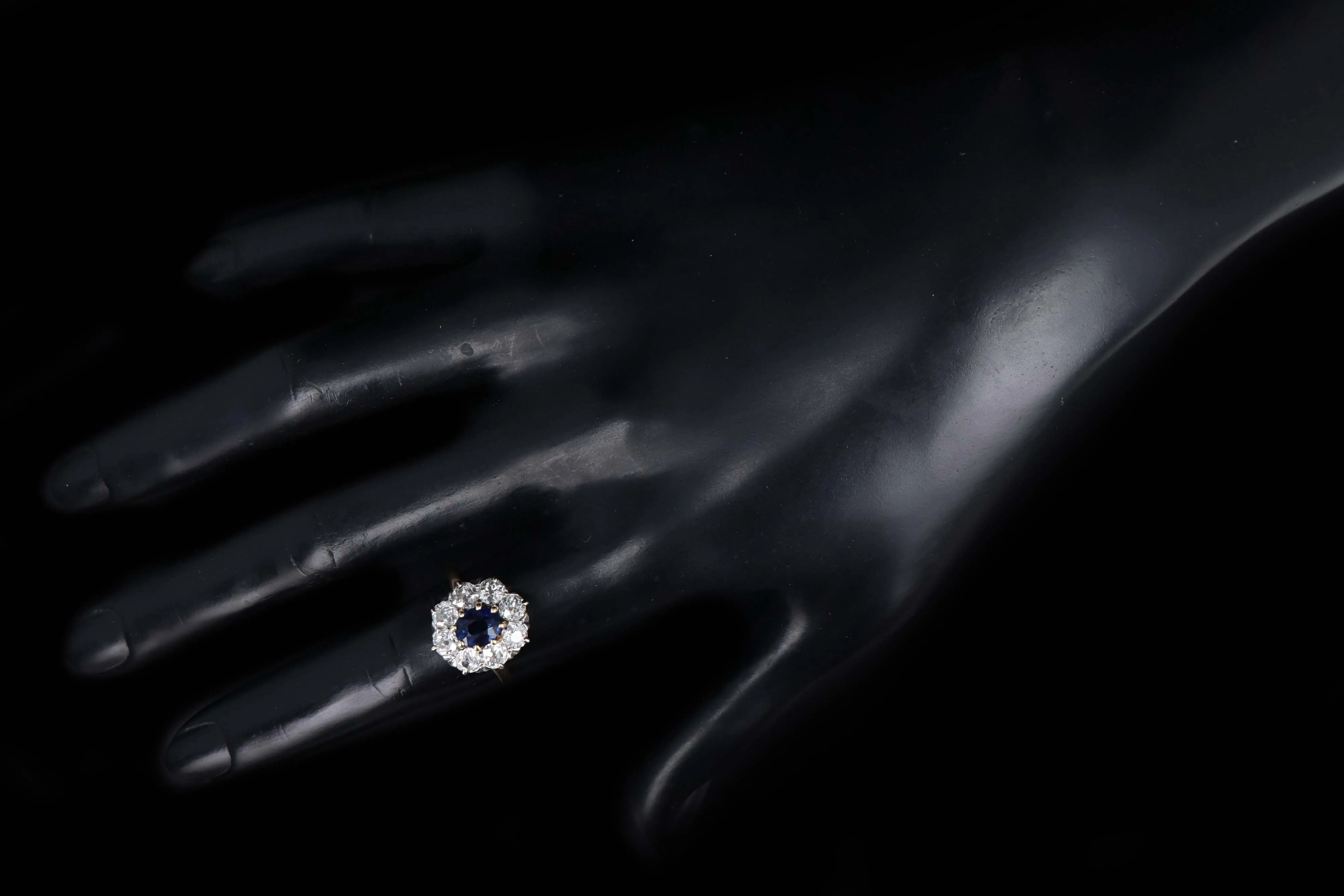 Victorian 14K Yellow Gold 1.05 Carat Natural Sapphire & Old European Cut Diamond Cluster Halo Ring